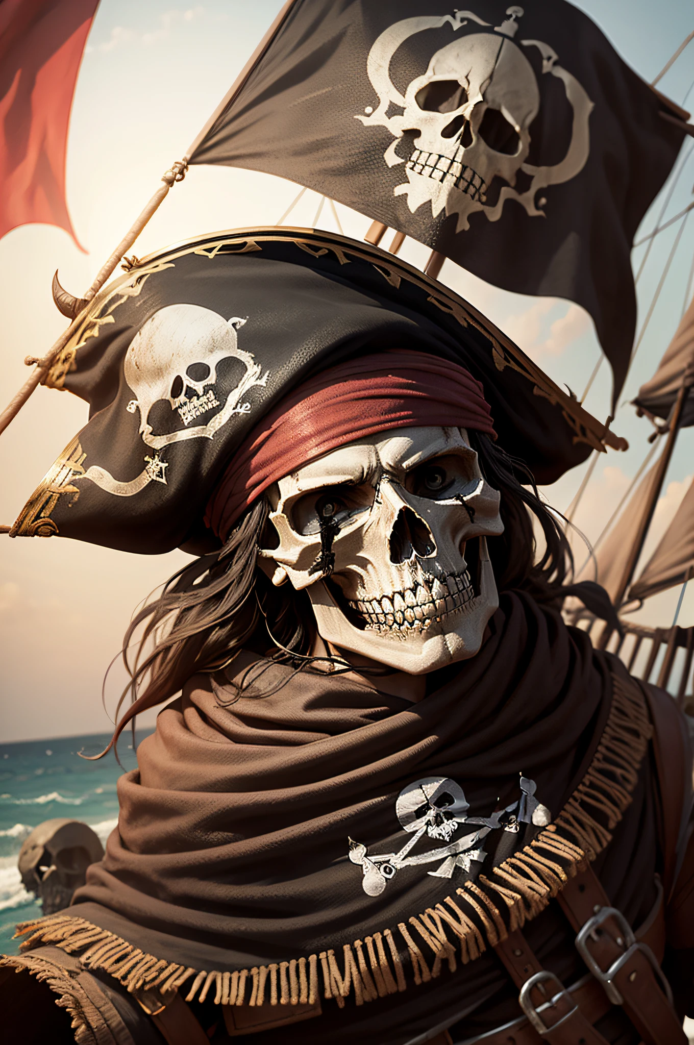 pirate skull, com chifres, bandeira no navio,