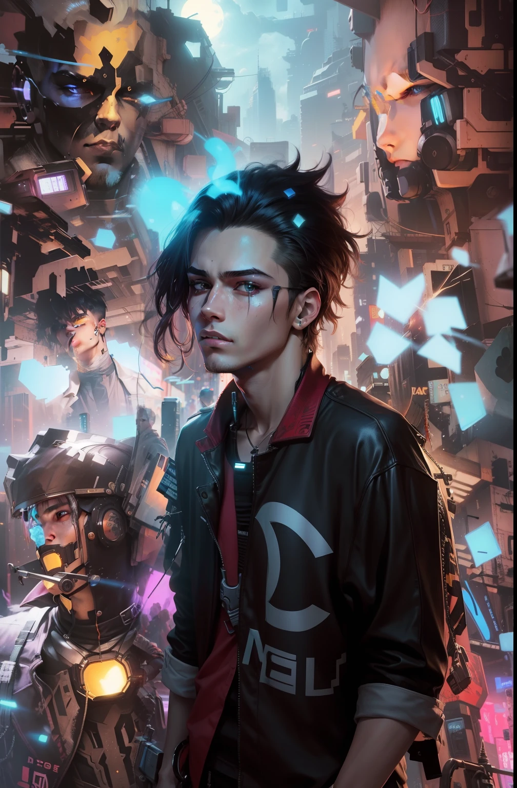 Change background cyberpunk handsome boy, realistic face,
