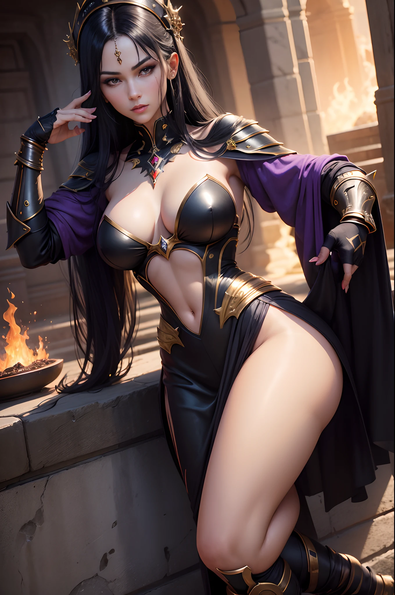 8K,Photorealsitic Raw photography top-quality;1.4) (One adult woman) Super beauty (Lifelike face) long blue-black hair Fantastic Empress with glowing purple eyes the appearance of aristocratic large breasts of black and silver color, Black and gold trousers Golden decoration glares Equipped with a sword at the waist Wearing black leather gloves Ruins Gwaitz style Purple Rouge realisitic accurate detail unrealengine Beautiful expression Details of each part A red fireball glows in the palm of your hand(effect) 超A high resolution A hyper-realistic enticing foot armor real looking skin Fantasy Queen An inviting gaze