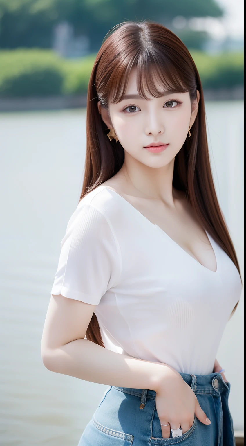 (bestquality, Realistic: 1.3), 1girl in, Middlebox, Light brown hair, blunt bangs, hair behind ear, hair over shoulder, long-haired, Slender Figure, ultra-fine face, Sensitive lips, beautidul eyes, Thin blush, The eyes are light brown.........., Perfect glossy skin, Flawless skin, Glittering sweat, See here.........., Ultra-thin hands, Ultra-fine fingers, best ratio four fingers and one thumb, (reality:1.3), finger extension, white blouse, White short skirt, super model legs, flat. , Eye-Level Shot, chesty, 10,Broadleaf forests (environment, In the area) (Random costumes,Random clothing color)