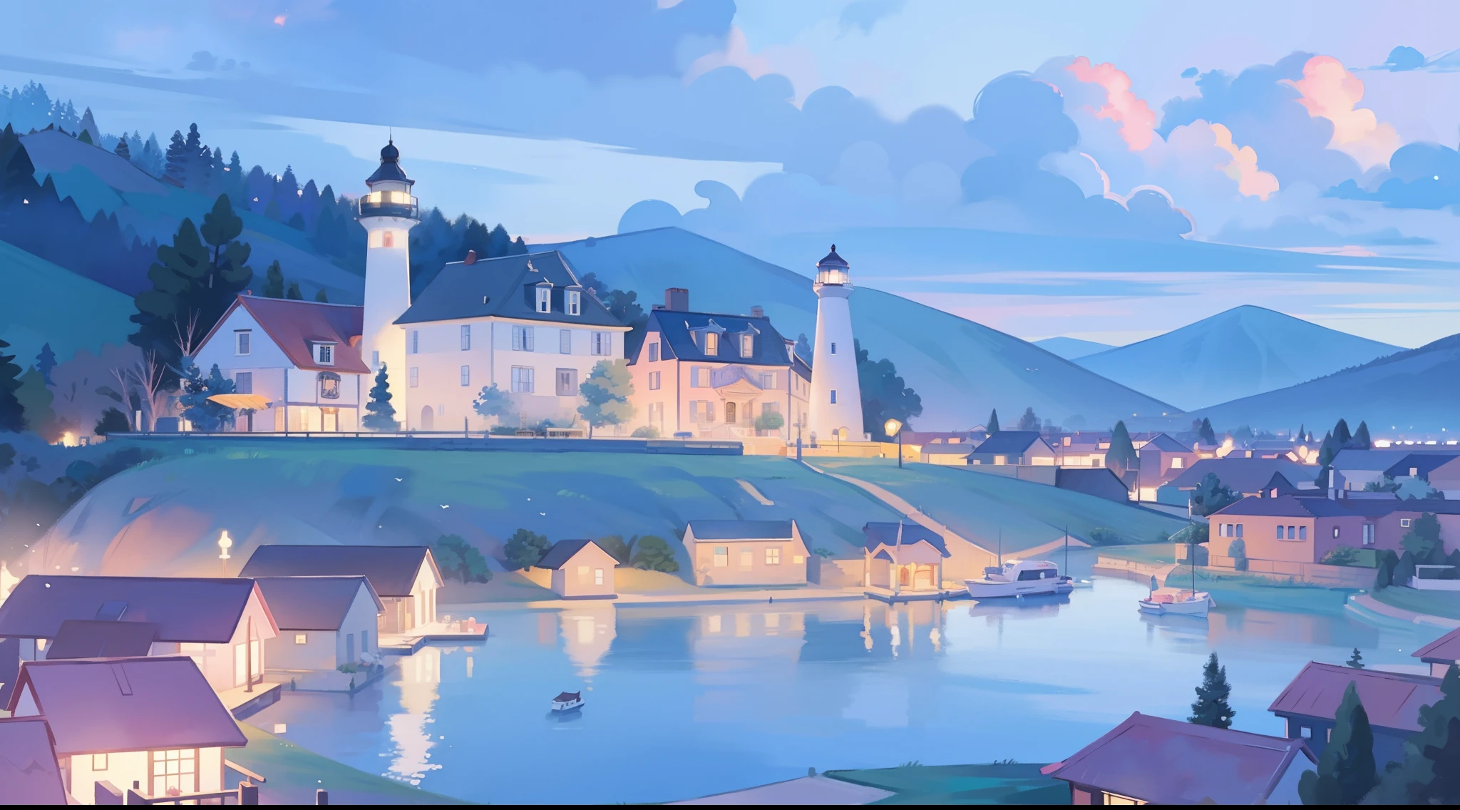 ((picture book illustration)), ocean fantasy, watercolor illustration, whimsical, night time pink purple blue colors, village, houses, huge lighthouse, ((masterpiece)), highly detailed environment