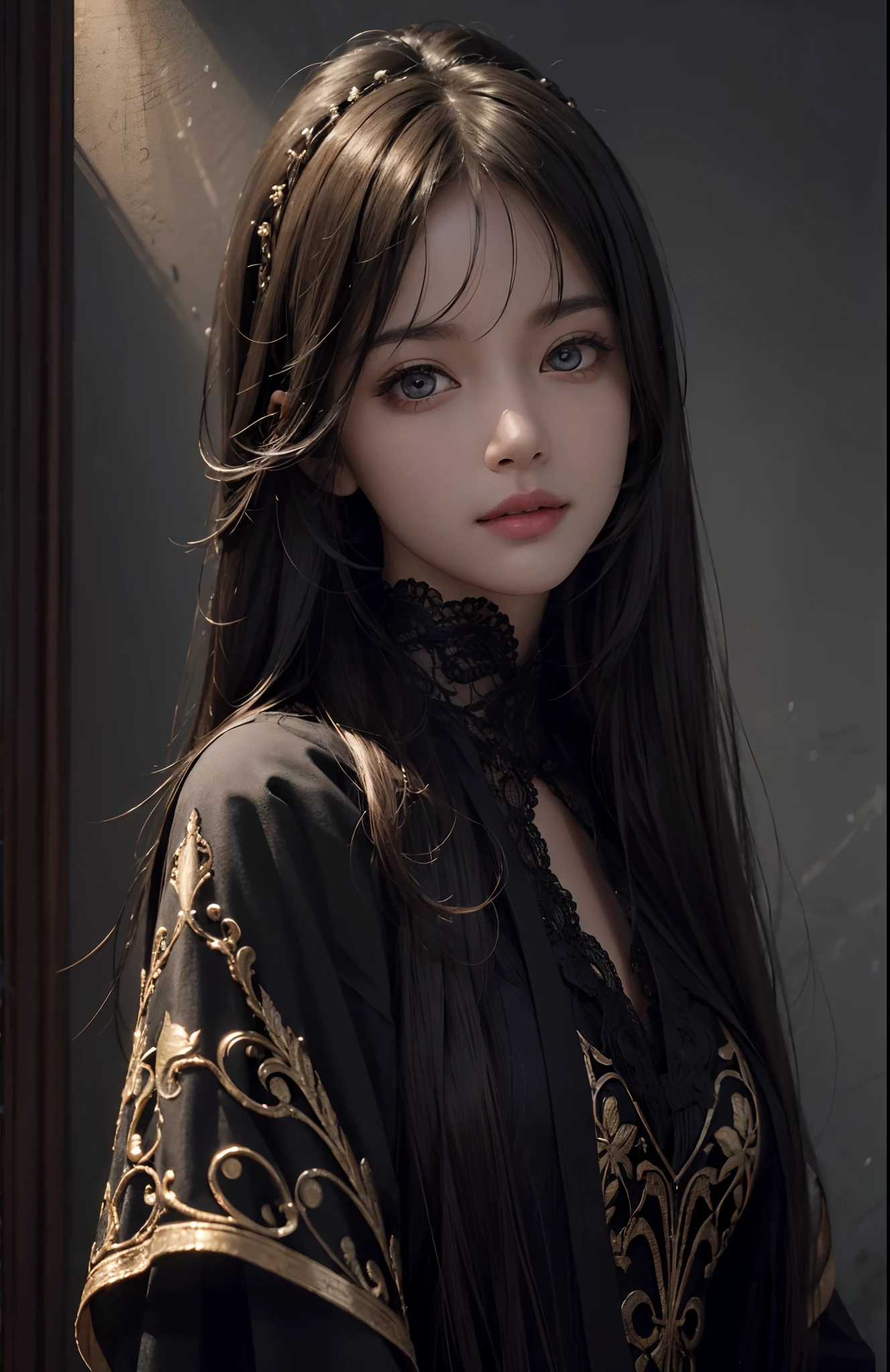 (Ultra Realistic), (Illustration), (Increased Resolution), (8K), (Extremely Detailed), (Best Illustration), (Beautiful and Detailed Eyes), (Best Quality), (Ultra Detailed), (Masterpiece ), ( wallpaper), (detailed face), solo, 1 girl, looking at viewer, fine details, detailed face, in the dark, deep shadows, low key, pureerosfaceace_v1, smiling, long hair, black shawl straight hair , 46 points oblique bangs