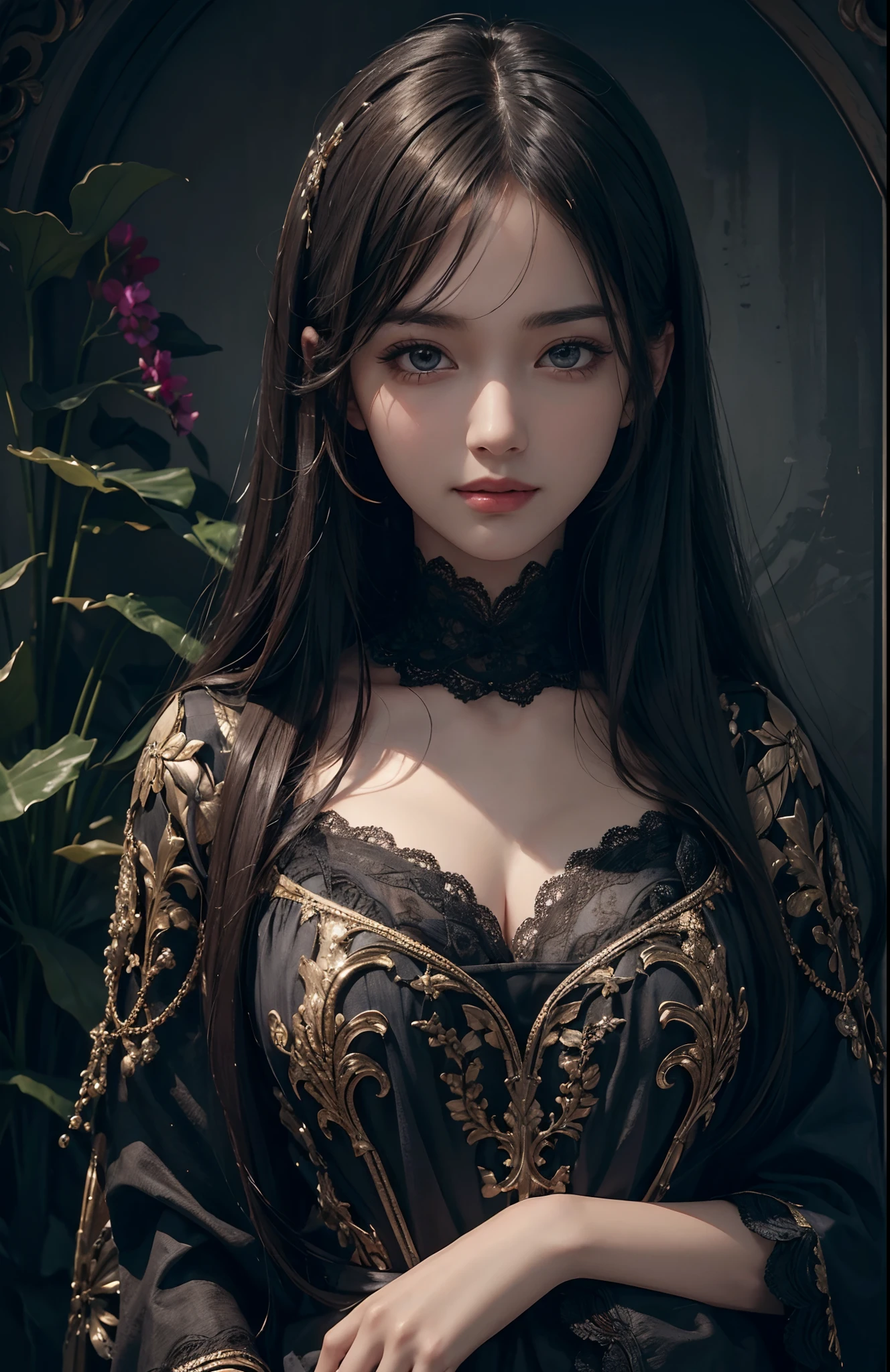 (Ultra Realistic), (Illustration), (Increased Resolution), (8K), (Extremely Detailed), (Best Illustration), (Beautiful and Detailed Eyes), (Best Quality), (Ultra Detailed), (Masterpiece ), ( wallpaper), (detailed face), solo, 1 girl, looking at viewer, fine details, detailed face, in the dark, deep shadows, low key, pureerosfaceace_v1, smiling, long hair, black shawl straight hair , 46 points oblique bangs