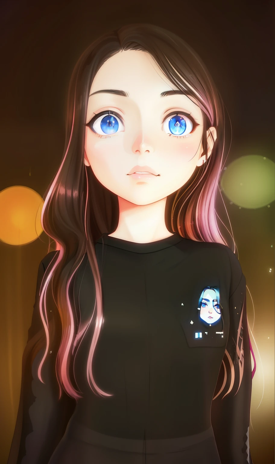 arafed girl with long brown hair and blue eyes in a black shirt, inspired by David Gilmour Blythe, second life avatar, in style of digital painting, glossy digital painting, digital art of an elegant, cartoon digital painting, kawaii realistic portrait, anime styled 3d, stylized digital art, imvu, inspired by Tommaso Dolabella