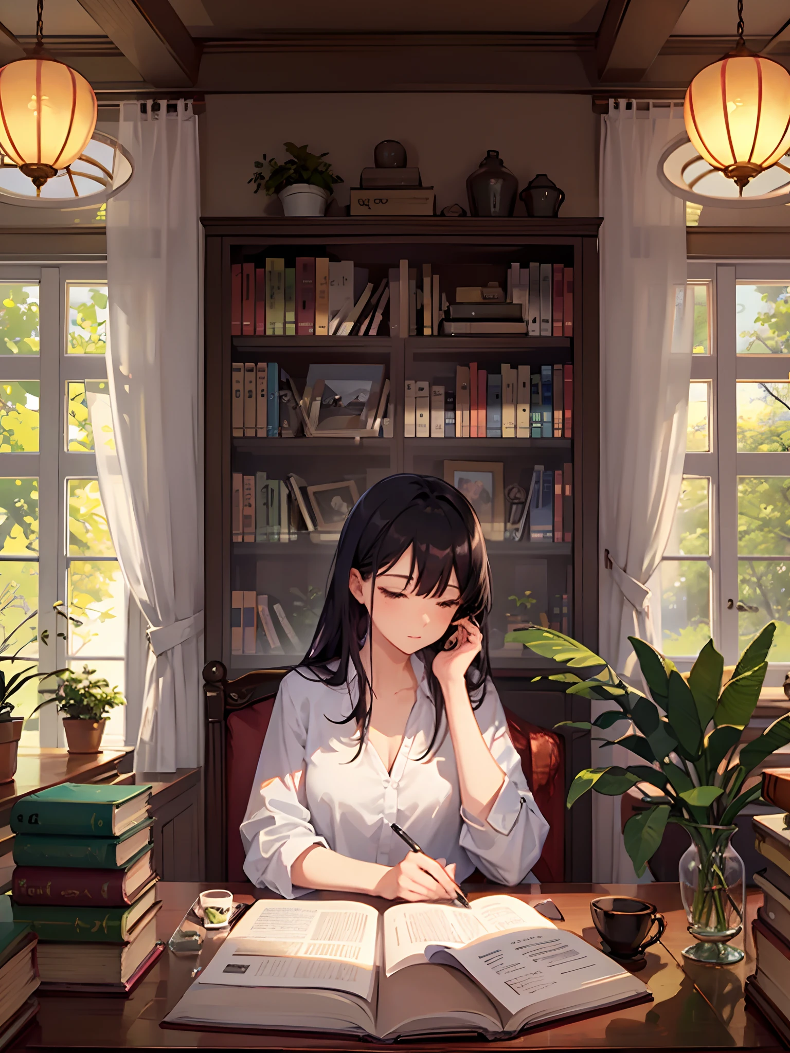 study,sunny,glass,bookshelf,desk,greenery,woman reading a book,scenic style, --auto --s2