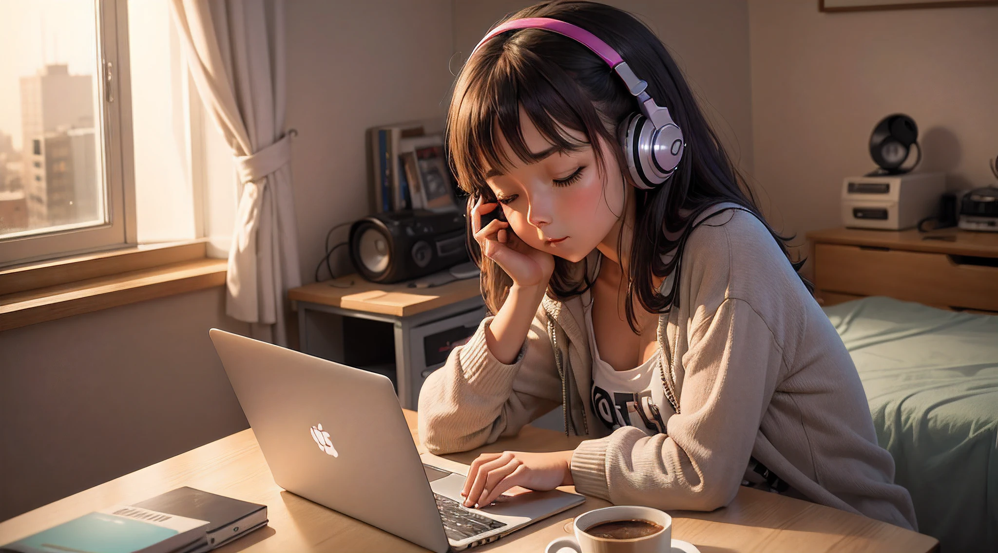 girl listening music in her room eye closed with coffee in table at night laptop open and window open