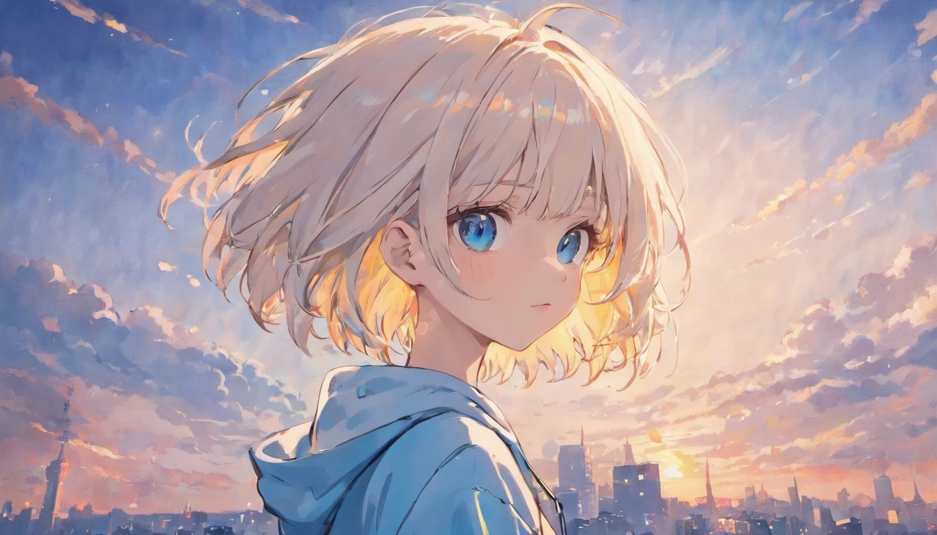 Silver hair color、light blue eyes、short-hair、ember、20yr old、Wearing a white hoodie、Blue sky with beautiful background