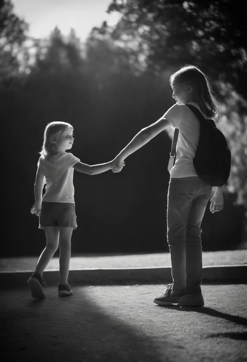 2 1 girl and 1 boy in the distance shaking hands, no background, black and white, high contrast, proffesional photography, utrarealistic, Light Volumetric, cinemactic
