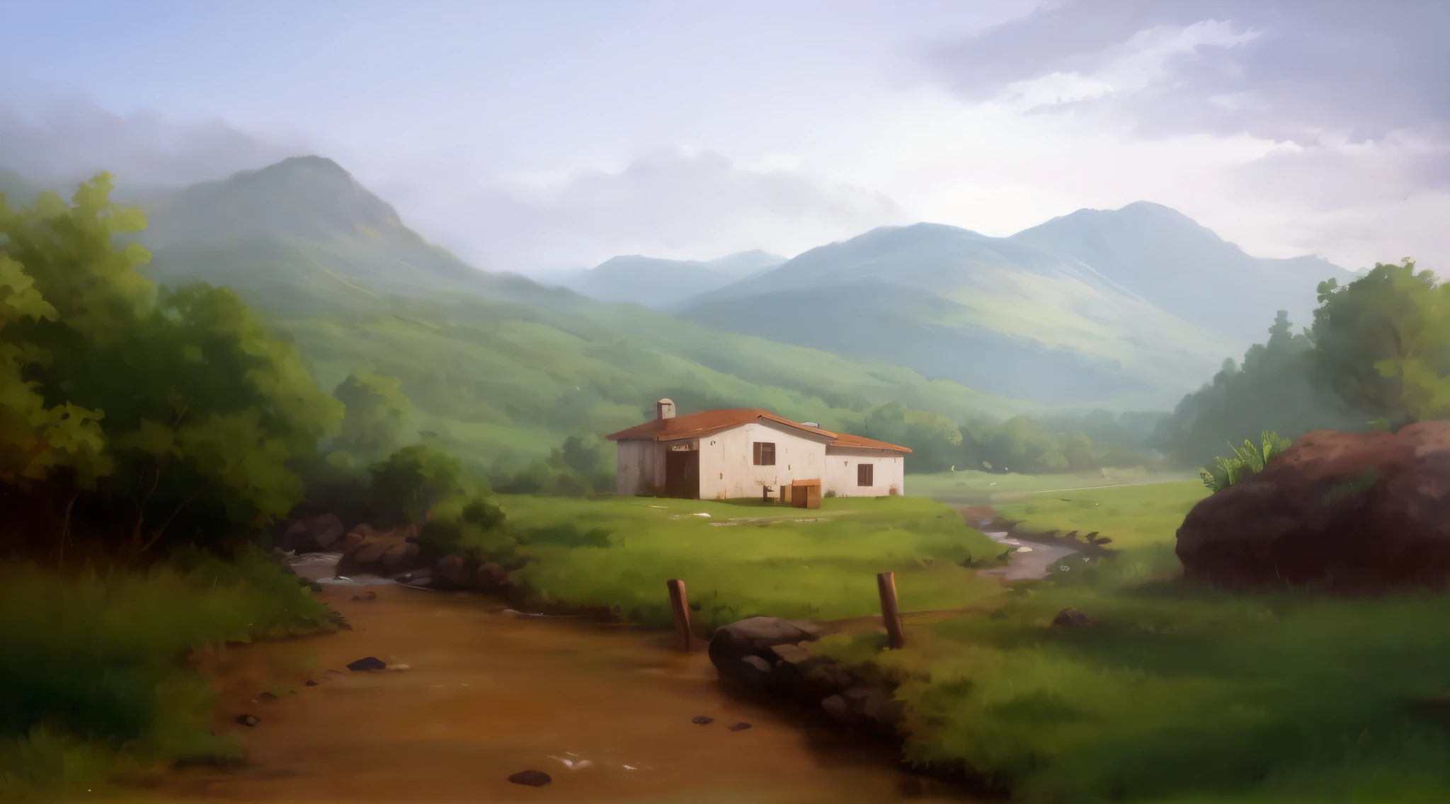 pintura de uma pequena casa , with a stream running crystal clear waters, montanhas ao fundo,super realista,8k