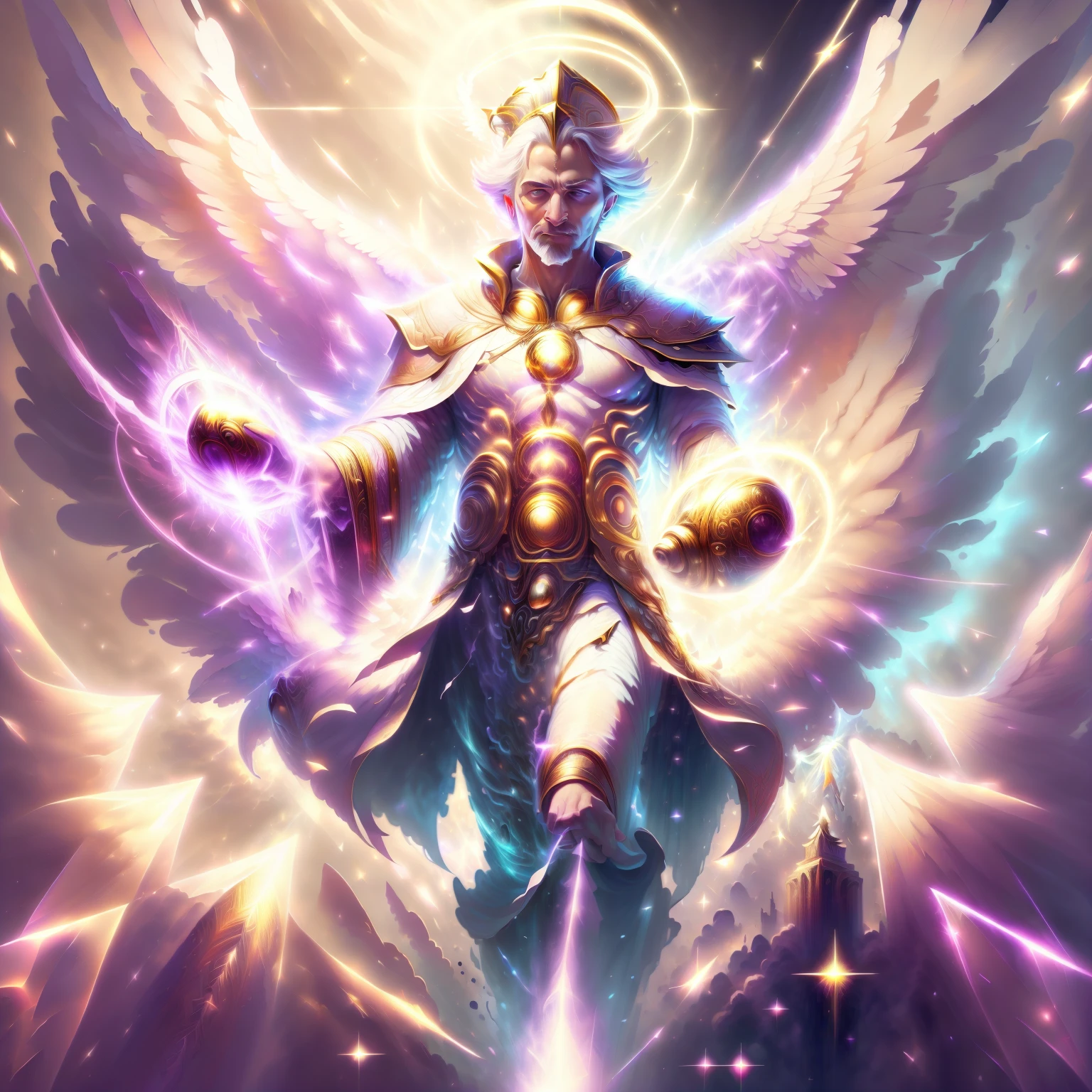 ultra realistic pictures. super fine art. super detail, proportional pose, charming oldman in Greek ancient white robe costume, archangel metatron, six giant wings angel, golden magenta, golden aura, magenta flame, universal logos, sparkling diamond dust. interstellar background, UHD, 8k