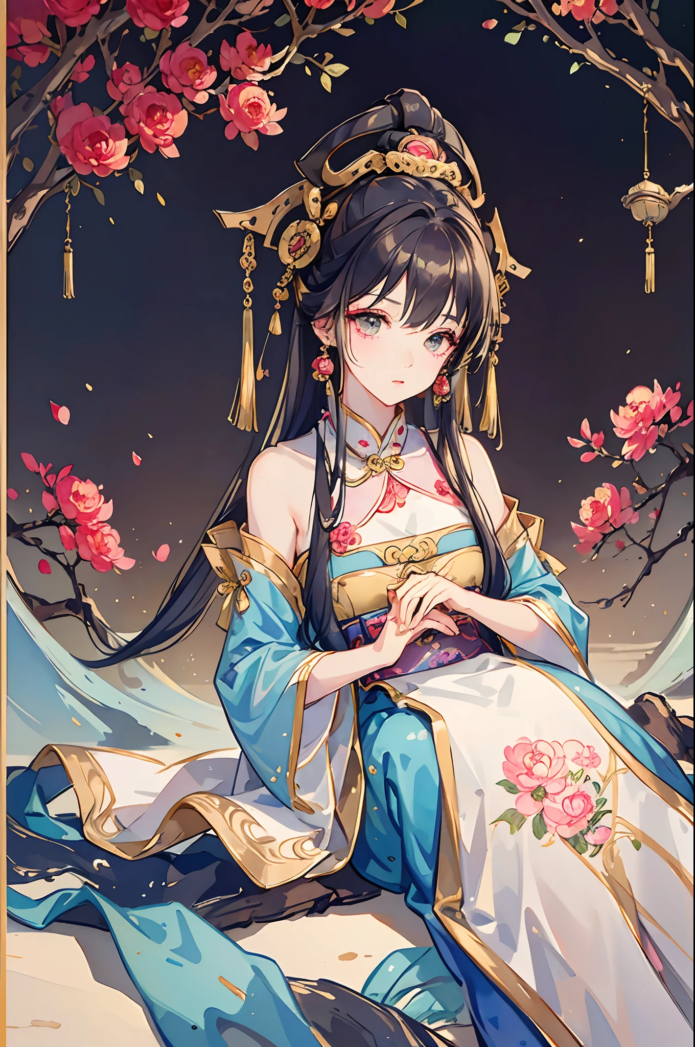 A beautiful oriental girl,face to the viewer,frontage,A half body,Antique hair accessories,Wear 1 Luoyang peony on your hea and watercolor painting,The clothes are embroidered with gold silk peonies