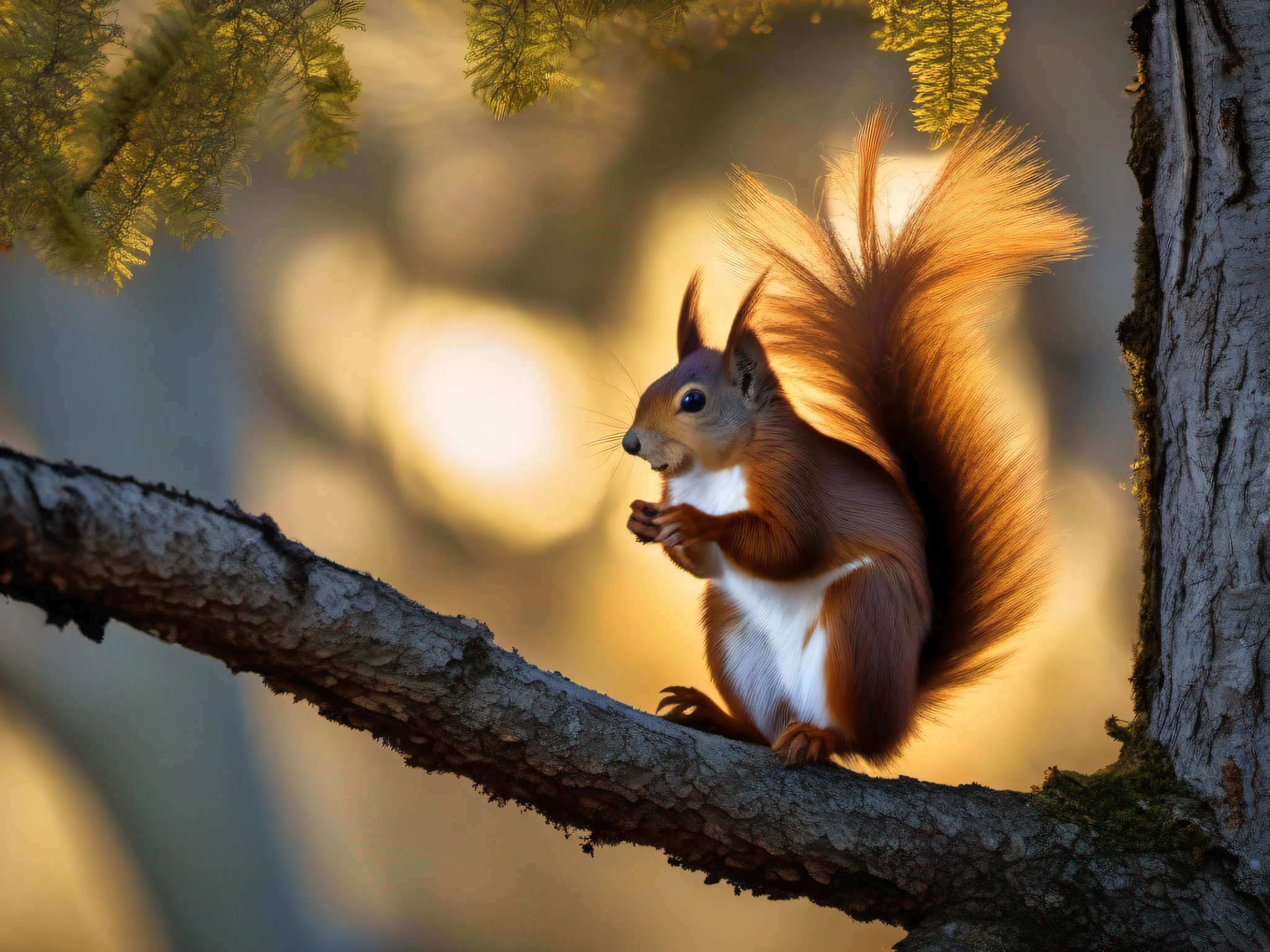 National Geographic Award-winning wildlife photo of a red squirrel tree in background | Rocky Mountain Forest on a Sunset Day | whole body view | altamente detalhado | high resolution | olhando para o espectador com uma gaze intensa | predatory | olhos hiper detalhados | foco nítido | luz natural