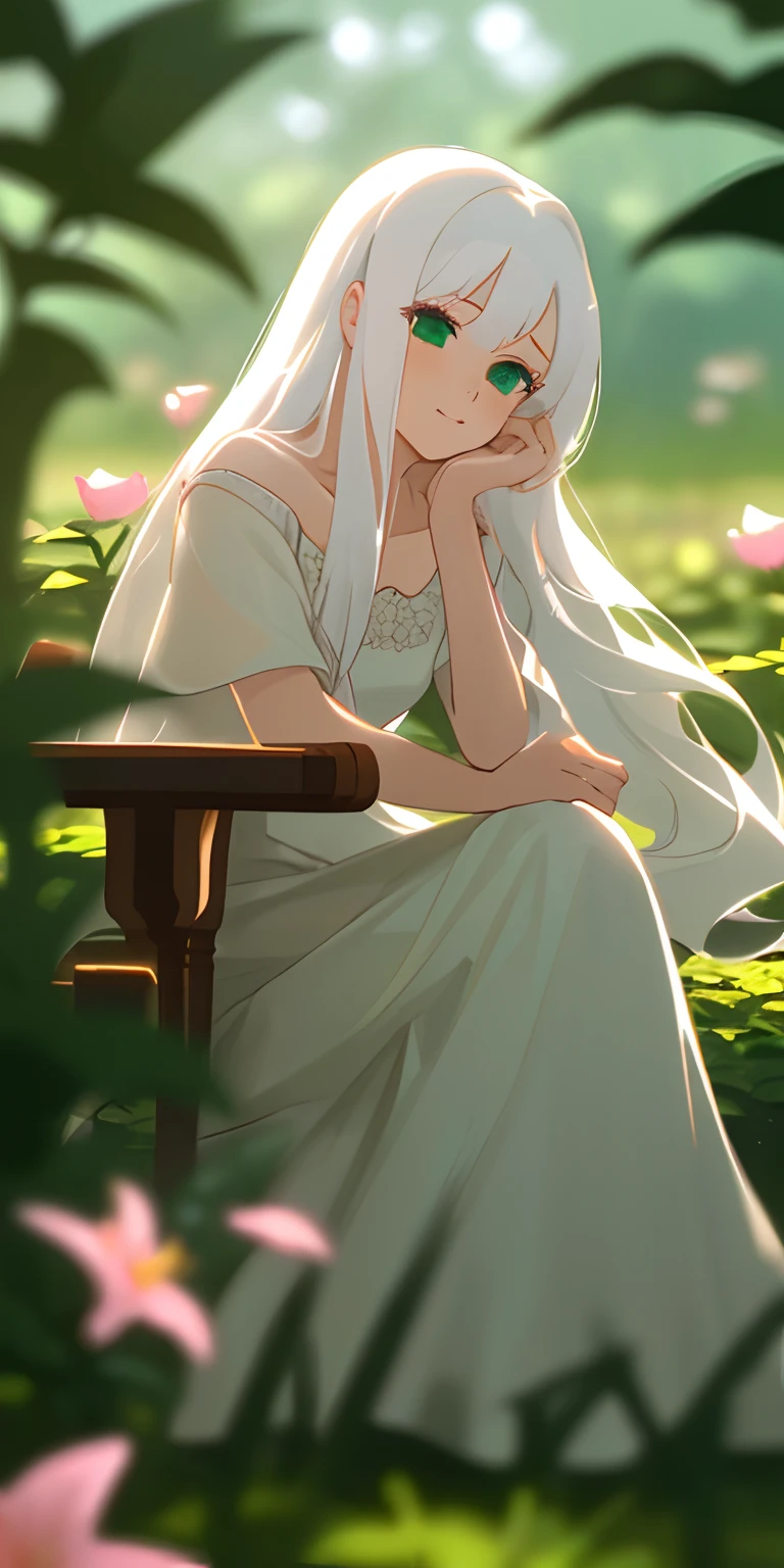 (masterpiece, best quality),1girl with long white hair sitting in a field of green plants and flowers, her hand under her chin, warm lighting, white dress, blurry foreground