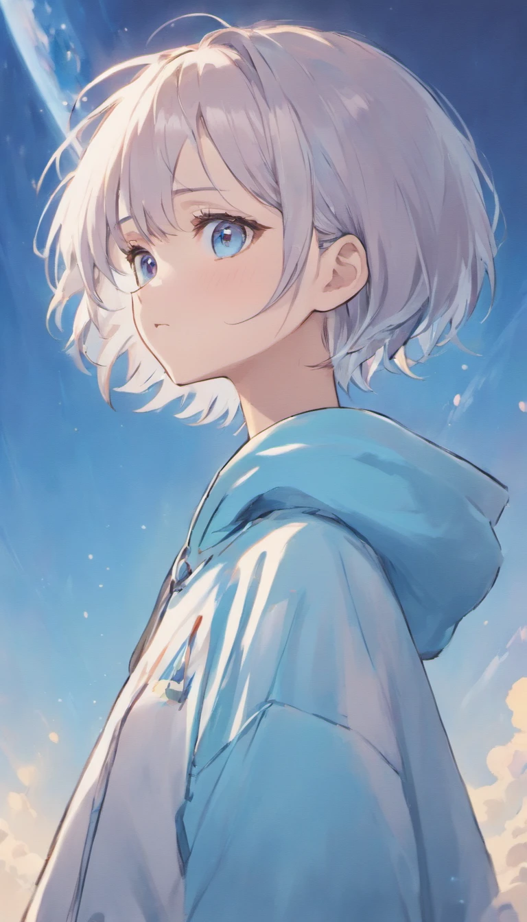 Silver hair color、light blue  eyes、short-hair、ember、20yr old、Wearing a white hoodie、Blue sky with beautiful background