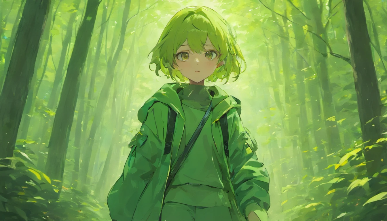 Wallpaper desktop (4k) take long sword in behind wearing a jacket carryinh a bag use headsets walking in the forest