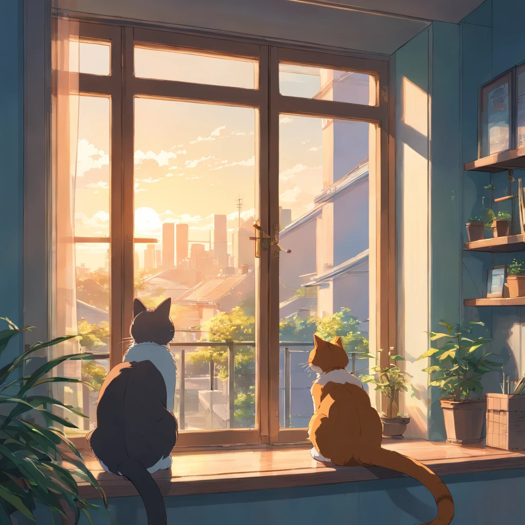 Miyazaki Hayao animation style Cat sitting on windowsill looking out the window at lovers riding bicycles