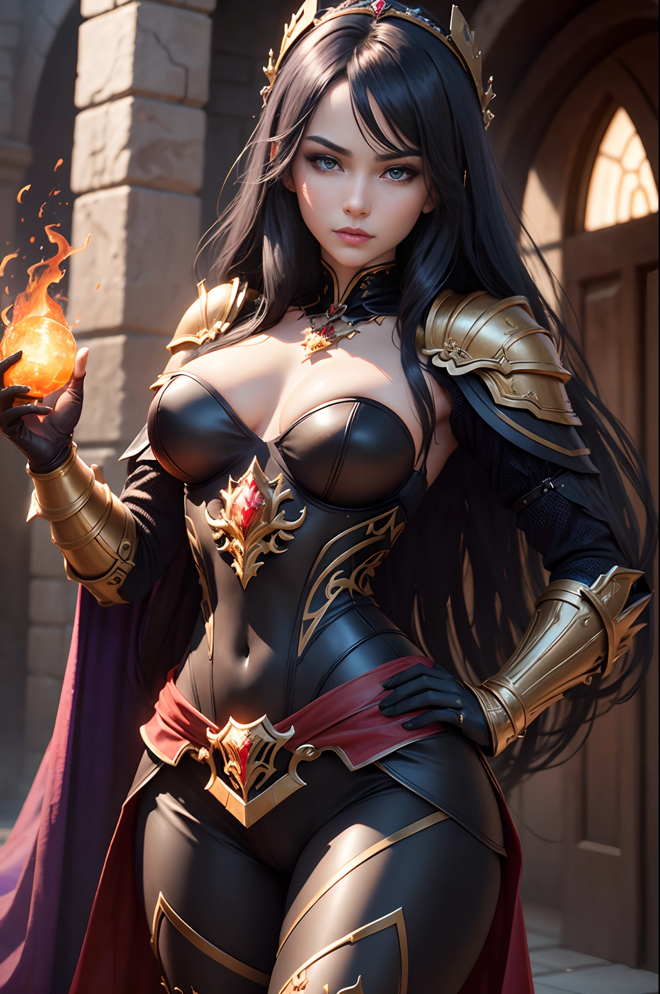 8K,Photorealsitic　Raw photography　top-quality;1.4) 　(One adult woman)　Super beauty　(Lifelike face)　Covered by a man　Look into your face　long blue-black hair　Illusory Empress with Glowing Purple Eyes　Aristocratic large-chested exterior of black and silver color　Black and gold trousers　Golden decoration　glares　Equipped with a sword at the waist　Wearing black leather gloves　Ruins　Gwaitz style　Purple Rouge　realisitic　Precise details　unrealengine　Beautiful expression　Details of each part　超A high resolution　A hyper-realistic　enticing　Foot Armor　real looking skin　Fantasy Queen　An inviting gaze　Emphasizes cleavage