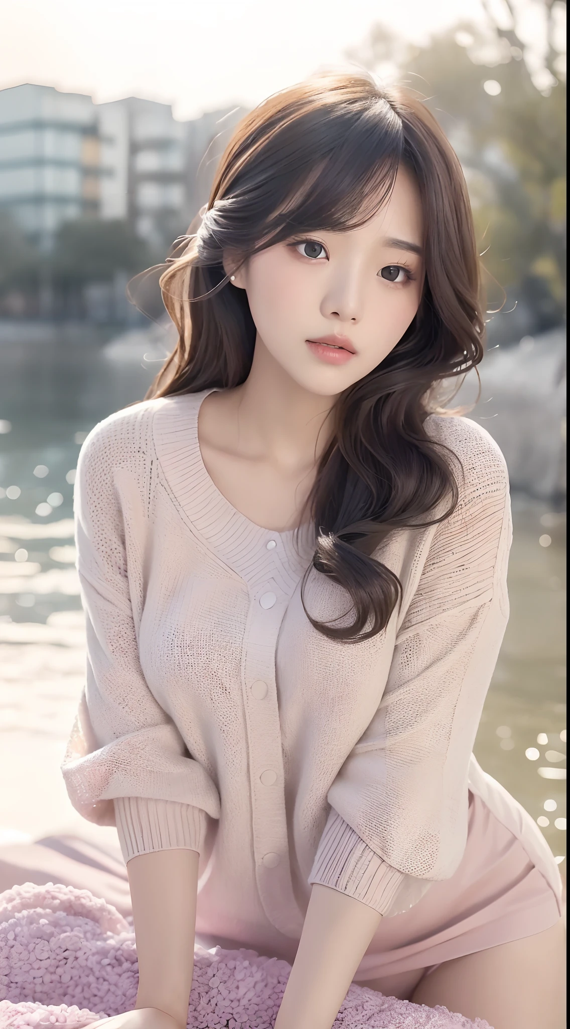 1girl walking on the river, mix4, sweater, pillow, lips, open_mouth, realistic, photo_\(medium\), solo, stuffed_animal, stuffed_toy, teddy_bear, (masterpiece), (realism: 1.3), super detailed, (High detail skin: 1.2), (Best quality: 1.0), (Ultra resolution: 1.0), (ULZZANG-6500: 0.3), wavy detail hair, long hair, sunshine, (beautiful detail makeup), (sexually aroused blush, heavy breath: 1.0), floral theme petals scattered, (soft light bloom: 0.5)