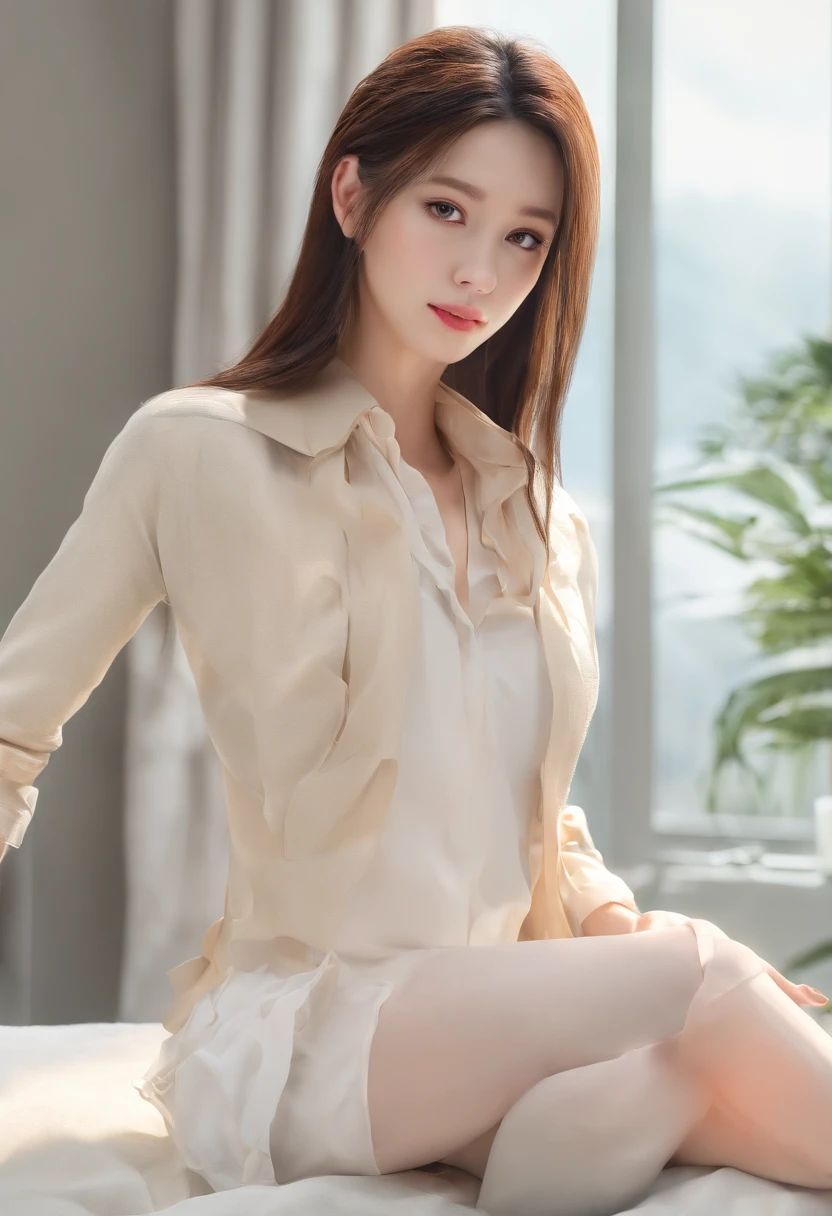 femele　A slender　White tight clothes　Beautiful face　constricted hair　Colossal 　white backgrounid　Natural light　Like Koreans　long　Hair Catalog　dual　Dark tone hair color