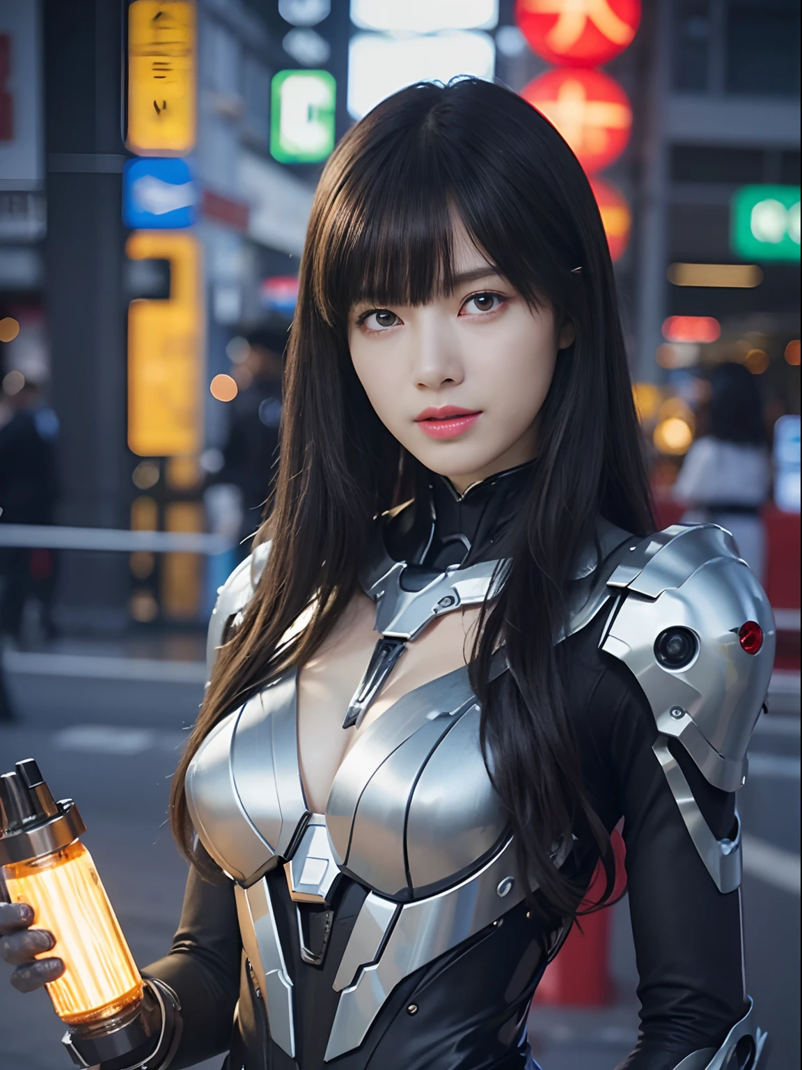 (Fight against mechanical robot soldiers)、top-quality、masterpiece、超A high resolution、(Photorealsitic:1.4)、Raw photo、1人、Black hair、glowy skin、((1 Mechanical Girl))、((super realistic details))、portlate、(Small LED lamp)、Wire tubes that glow all over the body、globalillumination、Shadow、octan render、8K、Armpit、ultrasharp、Colossal tits、Small LED lamp、Raw skin is exposed in cleavage、metals、blood vessels connected to tubes、Red bodysuit、Armpit、Cyberpunk city background、Details of complex ornaments、Japan details、highly intricate detail、Realistic light、CGSoation Trends、Blue eyes、radiant eyes、Facing the camera、neon details、(Helmet of the Brave)、Mechanical limbs、blood vessels connected to tubes、Mechanical vertebrae attached to the back、mechanical cervical attaching to neck、Wires and cables connecting to the head、Gundam、Small LED lamp、Particles of light、