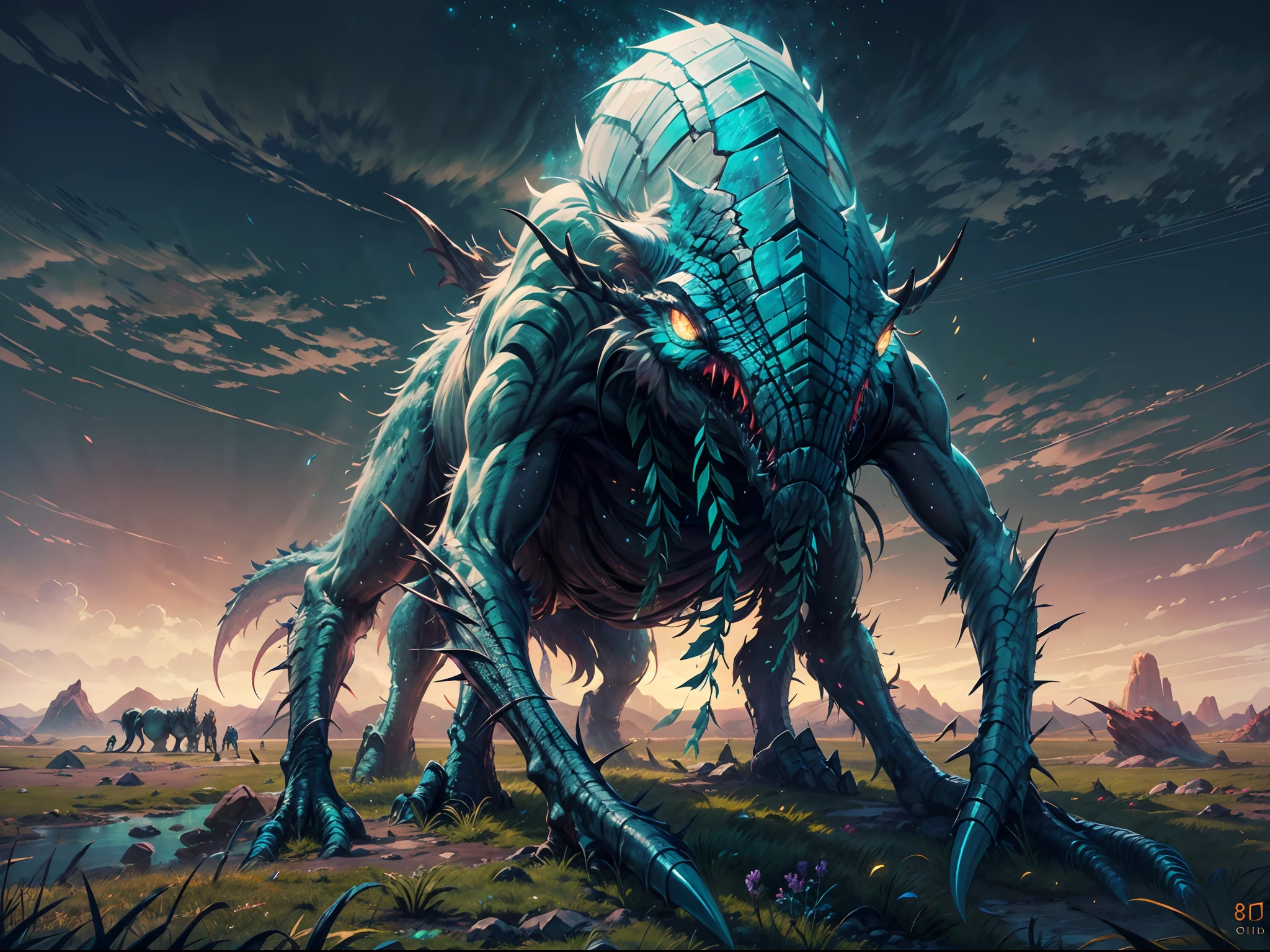 Image of a extraterrestrial life, a colossal behemoth, gigantic shape, it's has six legs, two long tail,  white fur cover the whole body, sharp thorn on the back, one crystal horn on the head, sharp teeth, sharp claw, four big blue eyes,some plate of black scale cover some part of it's body, walking in an alien green grassland, Detailed,Realistic,4k highly detailed digital art,octane render, bioluminescence ,8K resolution concept art, realism,by Mappa studios,masterpiece,best quality,official art,illustration,ligne claire,(cool_color),perfect composition,absurdres, fantasy,focused