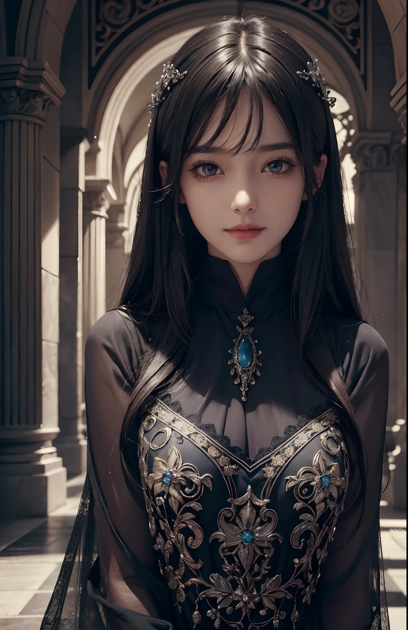 (Ultra Realistic), (Illustration), (Increased Resolution), (8K), (Extremely Detailed), (Best Illustration), (Beautiful and Detailed Eyes), (Best Quality), (Ultra Detailed), (Masterpiece ), ( wallpaper), (detailed face), solo, 1 girl, looking at viewer, fine details, detailed face, in the dark, deep shadows, low key, pureerosfaceace_v1, smiling, long hair, black shawl straight hair , 46 points oblique bangs