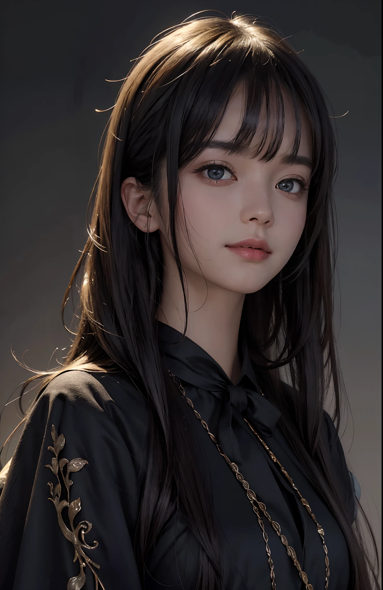 (Ultra Realistic), (Illustration), (Increased Resolution), (8K), (Extremely Detailed), (Best Illustration), (Beautiful and Detailed Eyes), (Best Quality), (Ultra Detailed), (Masterpiece ), ( wallpaper), (detailed face), solo, 1 girl, looking at viewer, fine details, detailed face, in the dark, deep shadows, low key, pureerosfaceace_v1, smiling, long hair, black shawl straight hair , 46 points oblique bangs