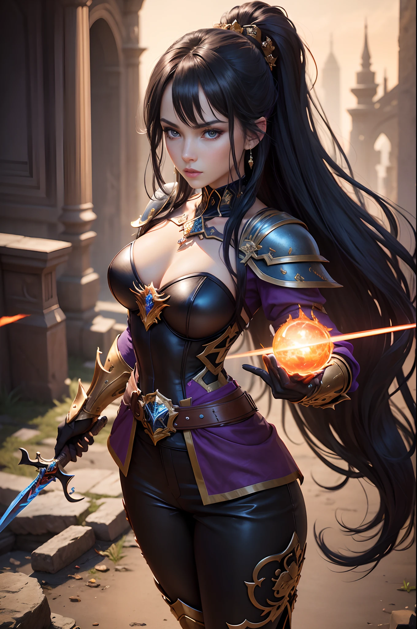 8K,Photorealsitic　Raw photography　top-quality;1.4) 　(One adult woman)　Super beauty　(Lifelike face)　Covered by a man　Look into your face　long blue-black hair　Illusory Empress with Glowing Purple Eyes　Aristocratic large-chested exterior of black and silver color　Black and gold trousers　Golden decoration　glares　Equipped with a sword at the waist　Wearing black leather gloves　Ruins　Gwaitz style　Purple Rouge　realisitic　Precise details　unrealengine　Beautiful expression　Details of each part　超A high resolution　A hyper-realistic　enticing　Foot Armor　real looking skin　Fantasy Queen　An inviting gaze　Emphasizes cleavage