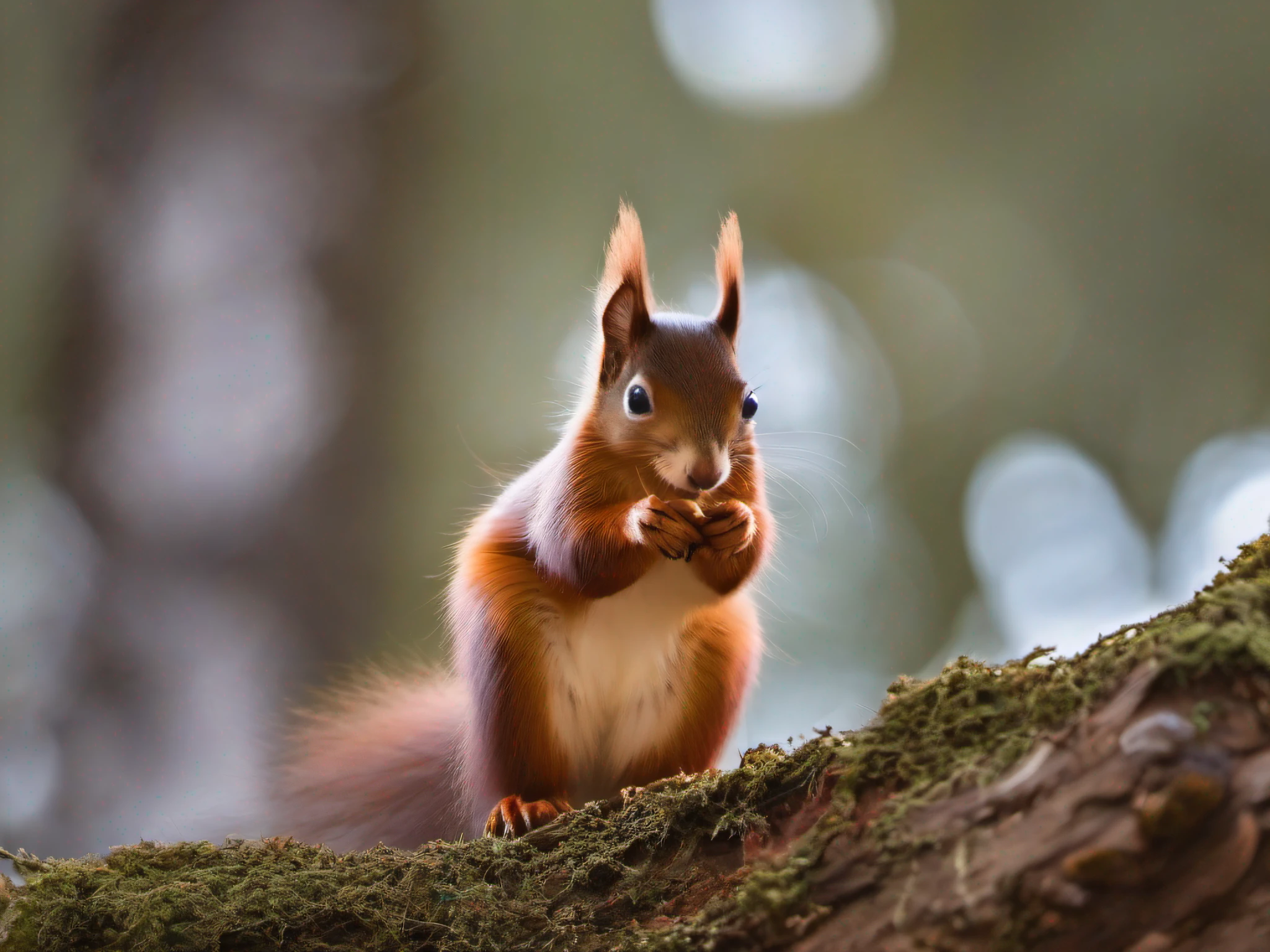 National Geographic Award-winning wildlife photo of a red squirrel tree in background | Rocky Mountain Forest on a Sunset Day | whole body view | altamente detalhado | high resolution | olhando para o espectador com uma gaze intensa | predatory | olhos hiper detalhados | foco nítido | luz natural