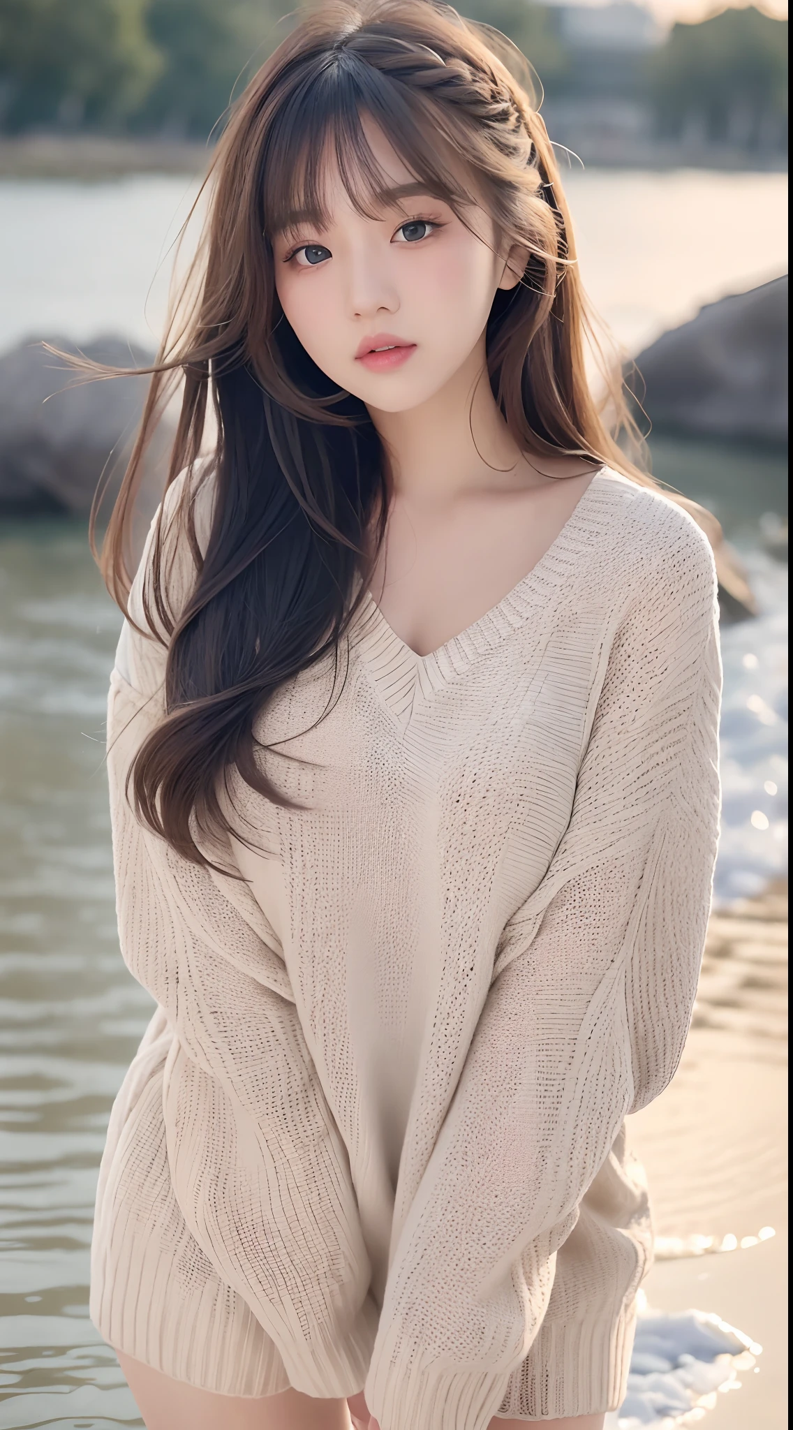 1girl walking on the river, mix4, sweater, pillow, lips, open_mouth, realistic, photo_\(medium\), solo, stuffed_animal, stuffed_toy, teddy_bear, (masterpiece), (realism: 1.3), super detailed, (High detail skin: 1.2), (Best quality: 1.0), (Ultra resolution: 1.0), (ULZZANG-6500: 0.3), wavy detail hair, long hair, sunshine, (beautiful detail makeup), (sexually aroused blush, heavy breath: 1.0), floral theme petals scattered, (soft light bloom: 0.5)