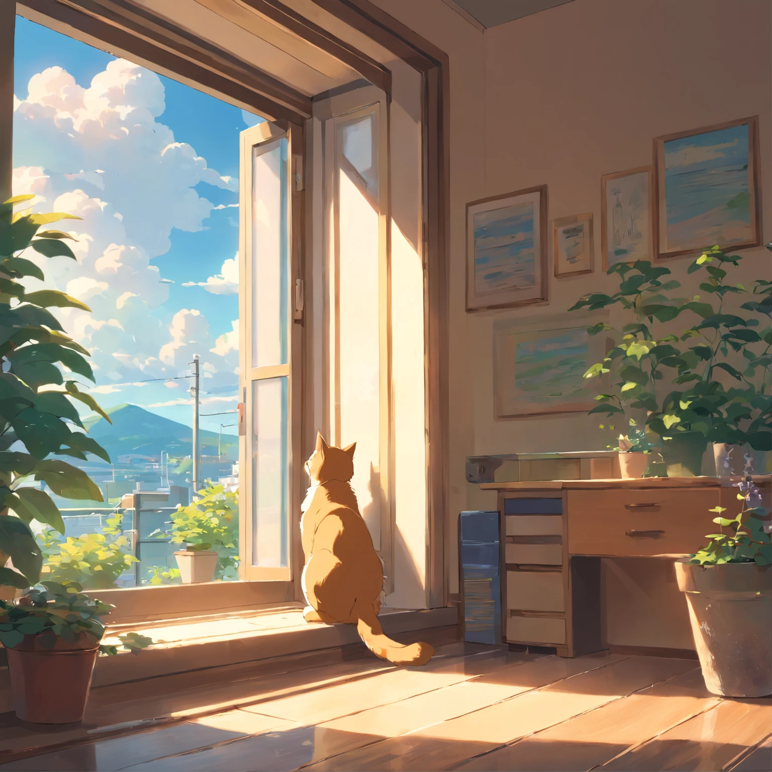 Miyazaki Hayao animation style Cat sitting on windowsill looking out the window at lovers riding bicycles