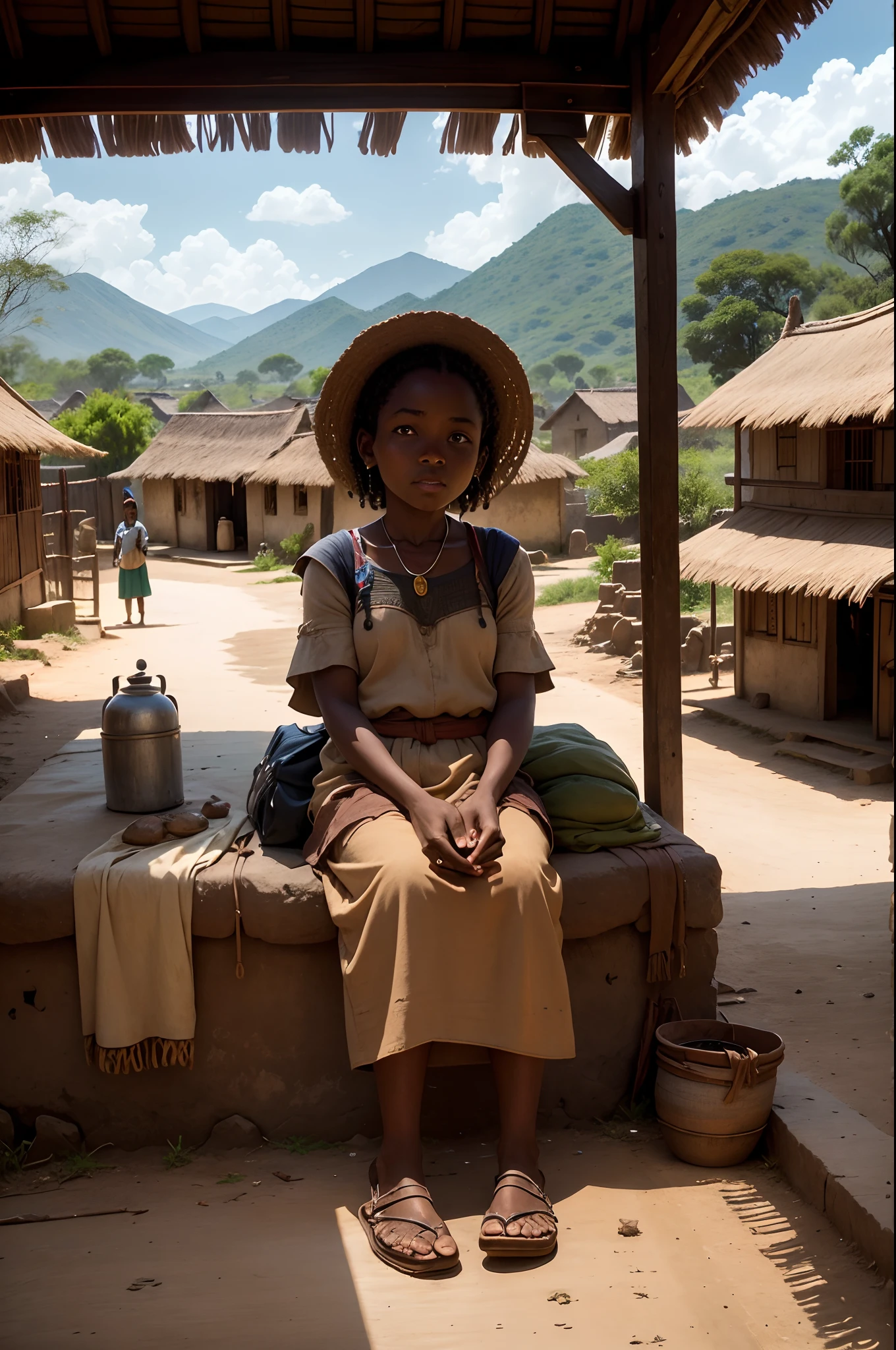 Transport your viewers to an ancient African village, where an old school bus stands as a nostalgic relic of the past. The village is steeped in history, with mud-brick buildings and thatched roofs adorning the surroundings. The school bus, weathered by time and painted in vibrant colors, becomes a striking contrast against the rustic backdrop. Capture this scene with a photorealistic style, utilizing a wide-angle lens to showcase the expansive village and the intricate details of the bus. Pay attention to the textures of the mud-brick buildings, the thatched roofs, and the faded paint of the bus. Enhance the warm and earthy tones in post-processing to create an authentic African atmosphere. Incorporate the local villagers and their daily activities to add depth and storytelling to the image. Let the natural light cast soft shadows and highlight the nostalgic beauty of the scene
