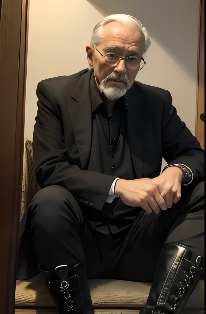 with a goatee,Old gentleman in black riding boots,Show off his boots,The light source is in the upper left corner。