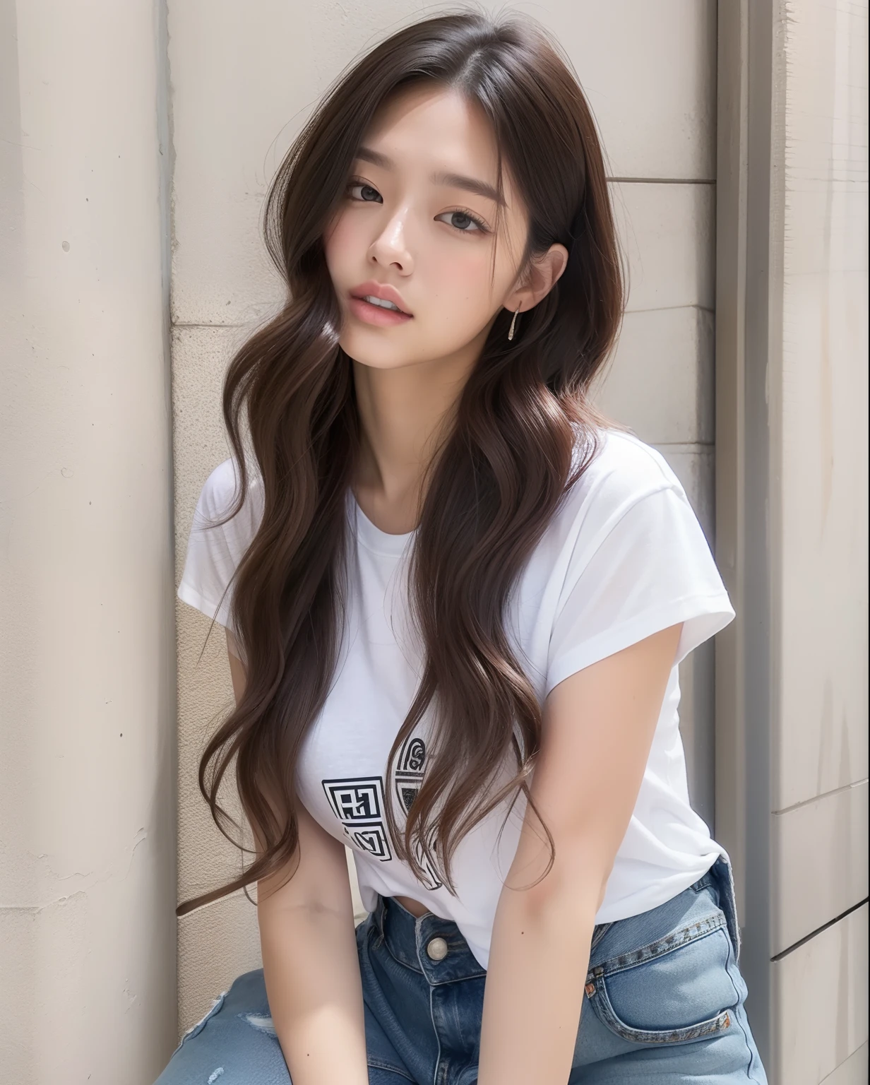 white t-shirts、Denim jeans