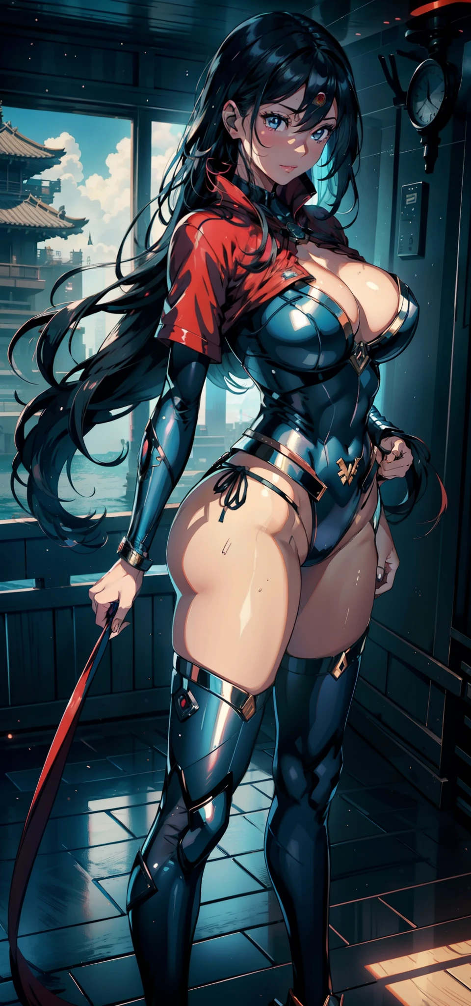 1female,35yo,Huge breasts, 独奏, wonder women,Wonder Woman uniform,Dressed in blue cyberpunk style,red capelet,比基尼, Beautiful legs and buttocks ,the ocean, She has long flowing black hair, ,Sateen,Bigchest, From the front side, Wet straight hair, Sweating profusely,mostly cloudy sky,(tmasterpiece),(Very detailed CG unity 8K wallpaper),best qualtiy,cinmatic lighting,detailed back ground,beatiful detailed eyes,Bright pupils,(Very fine and beautiful),(Beautiful and detailed eye description),ultra - detailed,facing at camera,A high resolution,ultra - detailed),Very long hair,standing on your feet,Emotive expressions,Smile,Chest sagging,Camel toes,with no underpants,extremely large bosom,Extremely colorful,Most detailed,fully body photo,The face is well lit