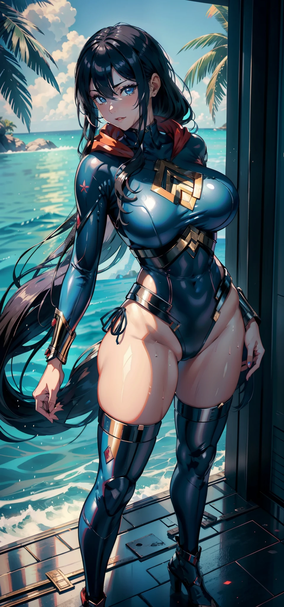 1female,35yo,Huge breasts, 独奏, wonder women,Wonder Woman uniform,Dressed in blue cyberpunk style,red capelet,比基尼, Beautiful legs and buttocks ,the ocean, She has long flowing black hair, ,Sateen,Bigchest, From the front side, Wet straight hair, Sweating profusely,mostly cloudy sky,(tmasterpiece),(Very detailed CG unity 8K wallpaper),best qualtiy,cinmatic lighting,detailed back ground,beatiful detailed eyes,Bright pupils,(Very fine and beautiful),(Beautiful and detailed eye description),ultra - detailed,facing at camera,A high resolution,ultra - detailed),Very long hair,standing on your feet,Emotive expressions,Smile,Chest sagging,Camel toes,with no underpants,extremely large bosom,Extremely colorful,Most detailed,fully body photo,The face is well lit