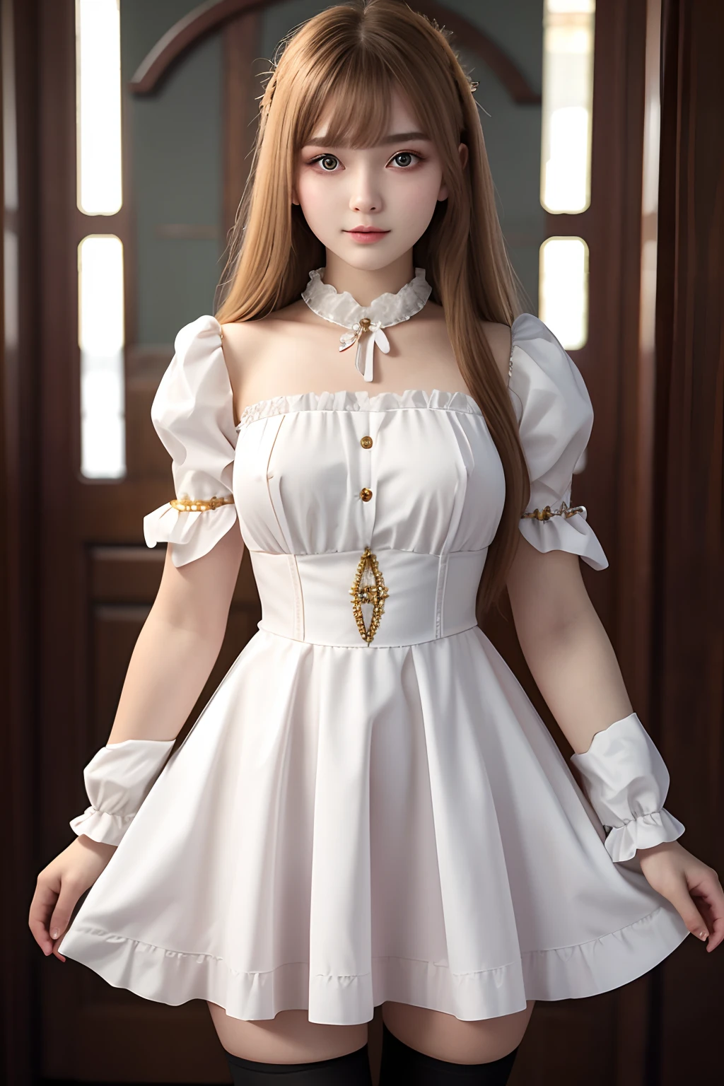 a beautiful 17yo Ukraina woman, square neck dress puff sleeve , thighhighs,