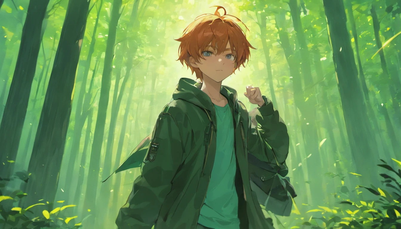 Wallpaper desktop (4k) boy take long sword in behind wearing a jacket carryinh a bag use headsets walking in the forest facing back
