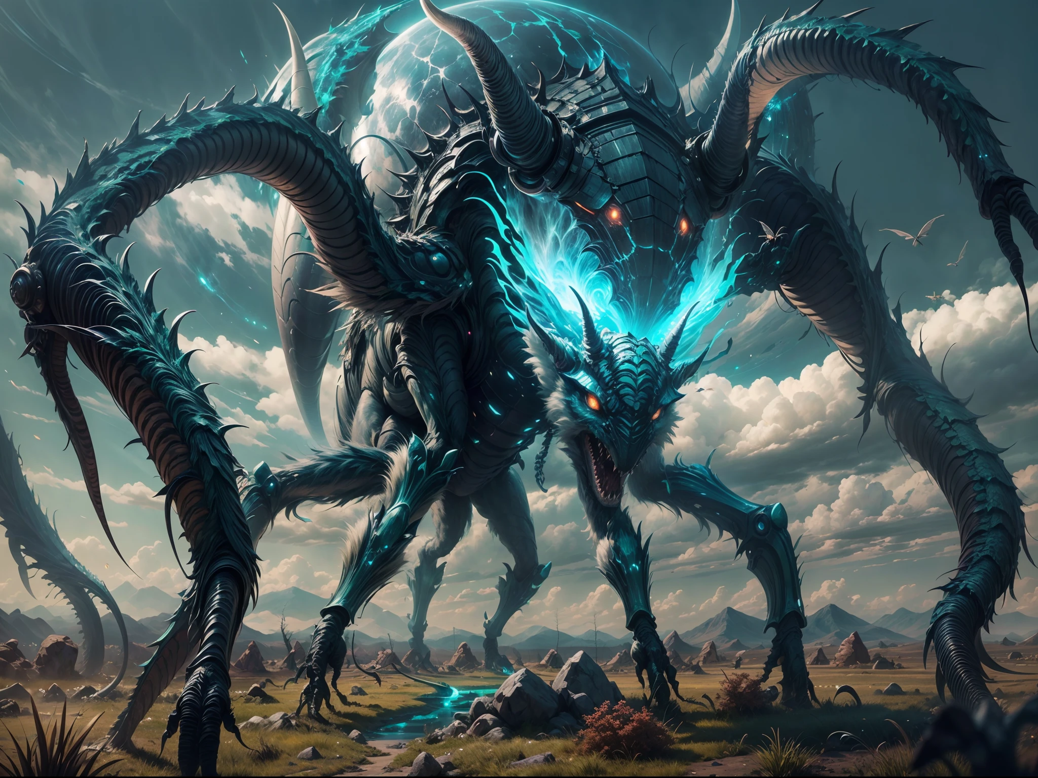 Image of a extraterrestrial life, a colossal behemoth, gigantic shape,insect-like creature, it's has six legs, two long tail, white fur cover the whole body, sharp thorn on the back, one crystal horn on the head, sharp teeth, sharp claw, four big blue eyes,some plate of black scale cover some part of it's body, walking in an alien green grassland, Detailed,Realistic,4k highly detailed digital art,octane render, bioluminescence ,8K resolution concept art, realism,by Mappa studios,masterpiece,best quality,official art,illustration,ligne claire,(cool_color),perfect composition,absurdres, fantasy,focused
