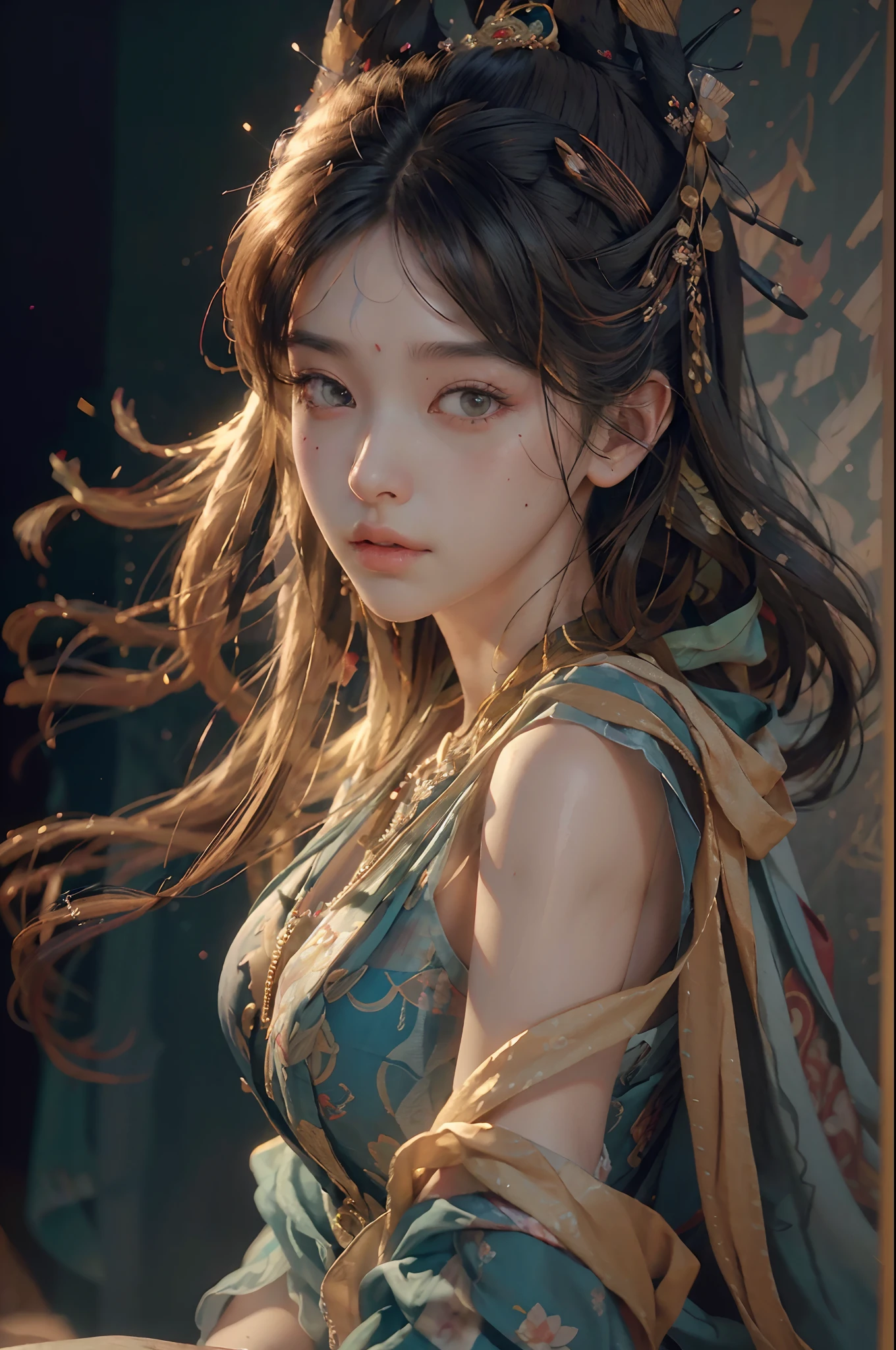 nsfw,(RAW photo, best quality),(realistic, photo-realistic:1.3),best quality,highly detailed,masterpiece,ultra-detailed,illustration,1girl,upper_body,dynamic angle,world masterpiece theater,messy_long_hair,best quality,extremely detailed CG unity 8k wallpaper,ink,Amazing,cinematic lighting,lens_flare,dunhuang_style,