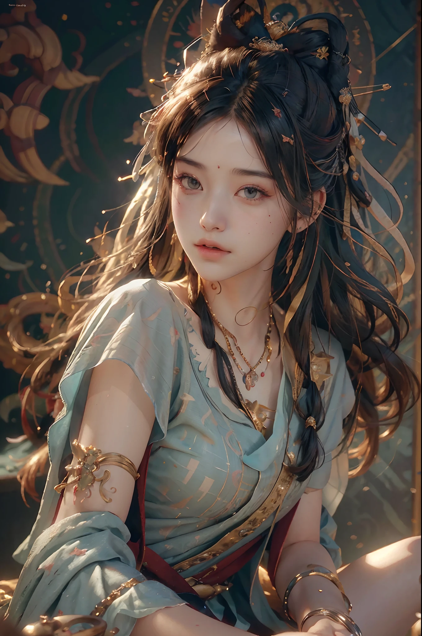 (RAW photo, best quality), (realistic, photo-realistic:1.3),best quality,highly detailed,masterpiece,ultra-detailed,illustration,1girl,upper_body,dynamic angle,world masterpiece theater,messy_long_hair,best quality,extremely detailed CG unity 8k wallpaper,ink,Amazing,cinematic lighting,lens_flare, dunhuang_style