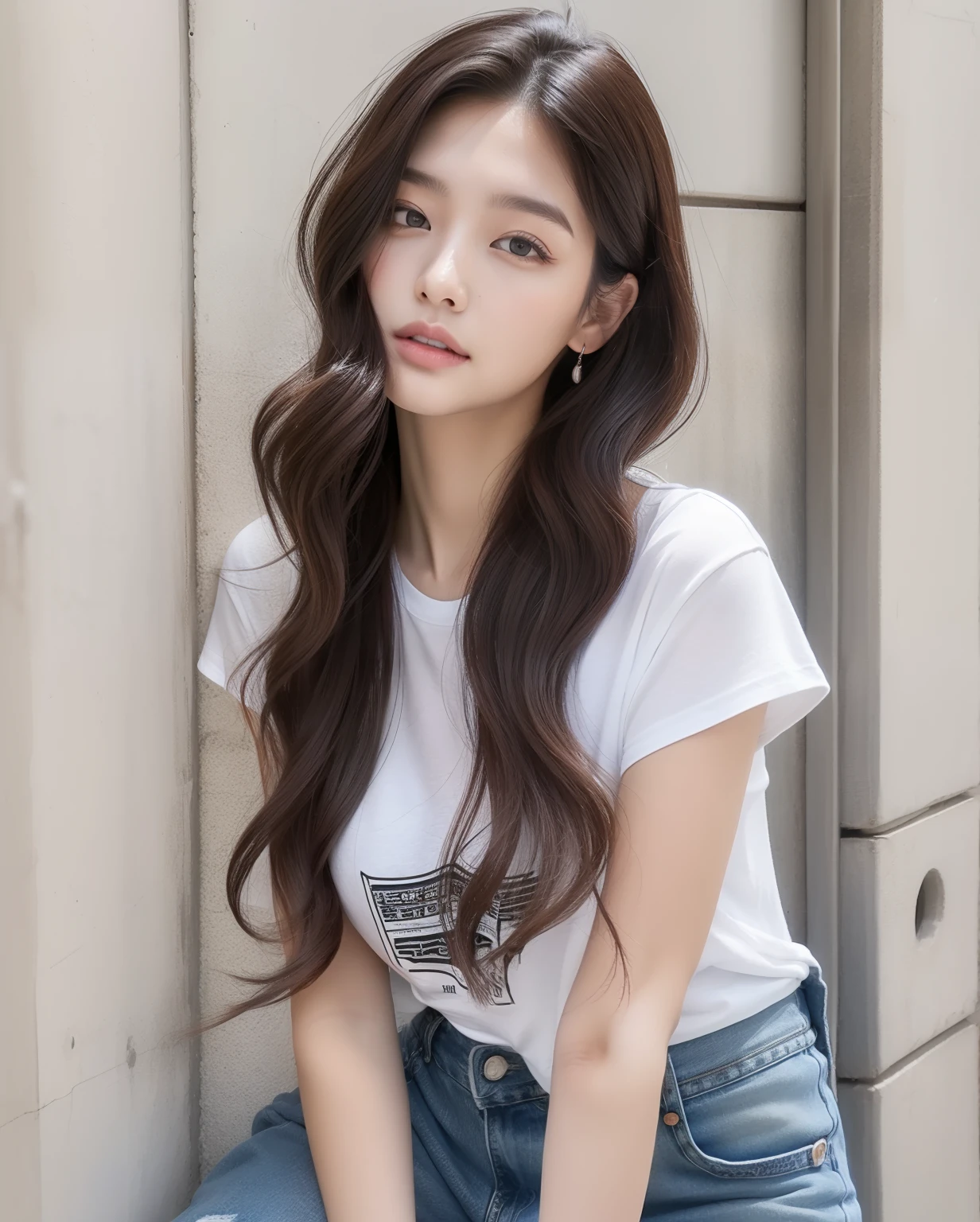 Loose wavy long hair、Korean model woman、white t-shirts、Denim jeans