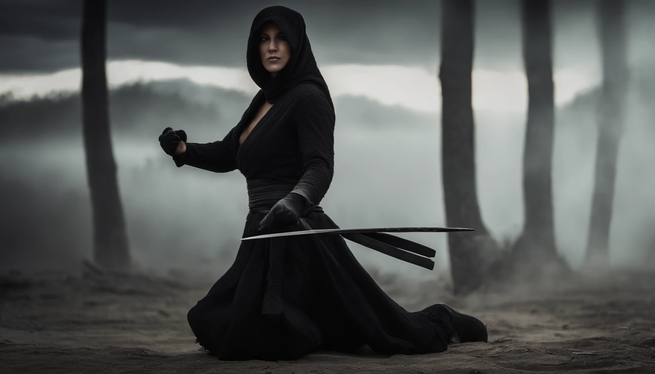 one woman, dressed like a ninja, black collant, carryinga knife