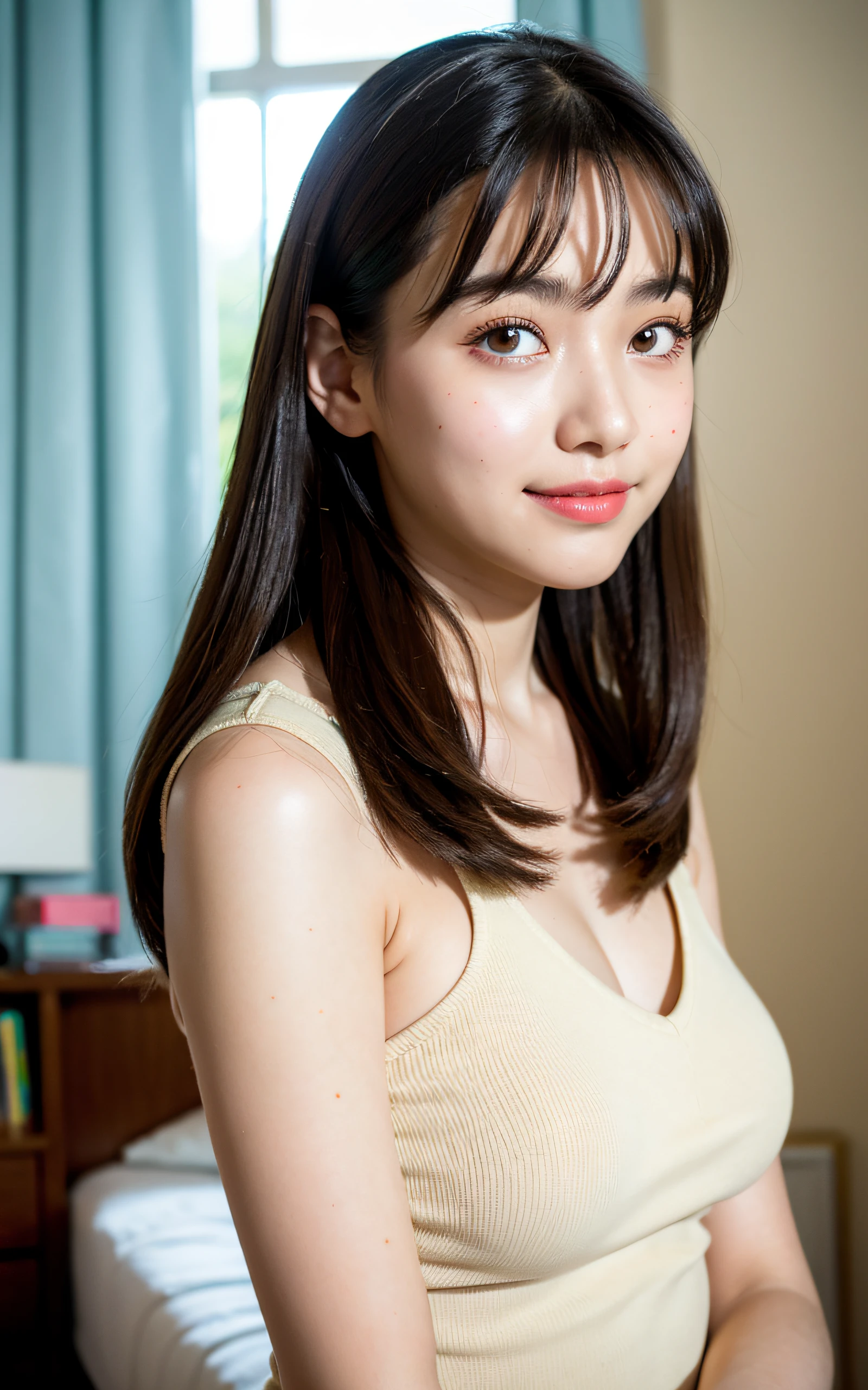 masterpiece, Best Quality, 8K, 16 yo, Large breasts, Raw photo, Professional Photography, Portrait, Soft light, Professional Lighting, Solo, Smile, close up, Face, close up, Cute, Girly, Goddess, Delicate girl, Neat and clean beauty, Full body, Digital SLR, Looking away, Candid, Sophisticated, Film grain, (Eyes and faces with detailed:1.0), Medium hair swaying in the wind, Bangs, room wear, in her room,