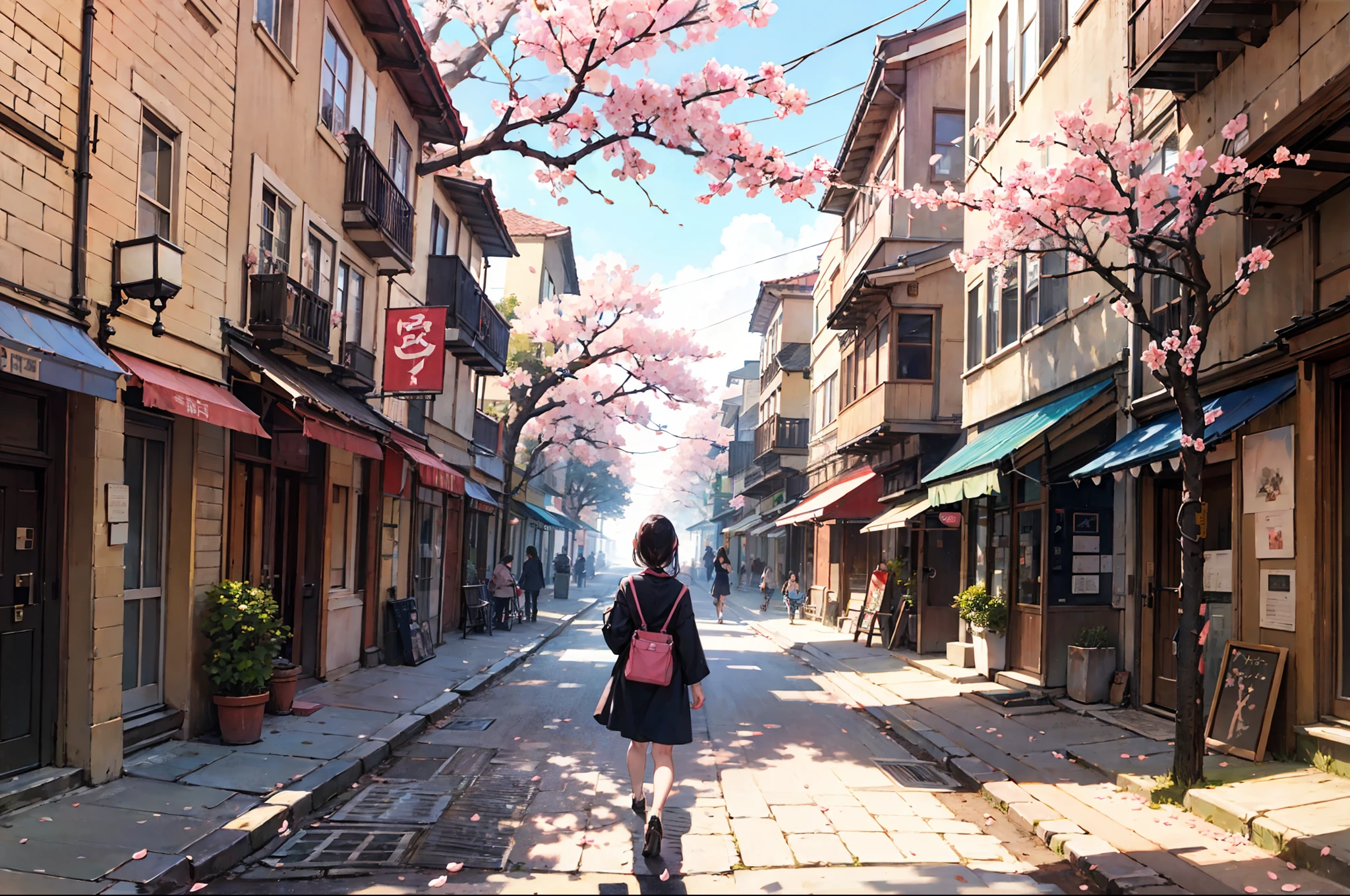 spring,streets,sunshine,cherry blossoms,woman walking on the street，scenic style, --auto --s2