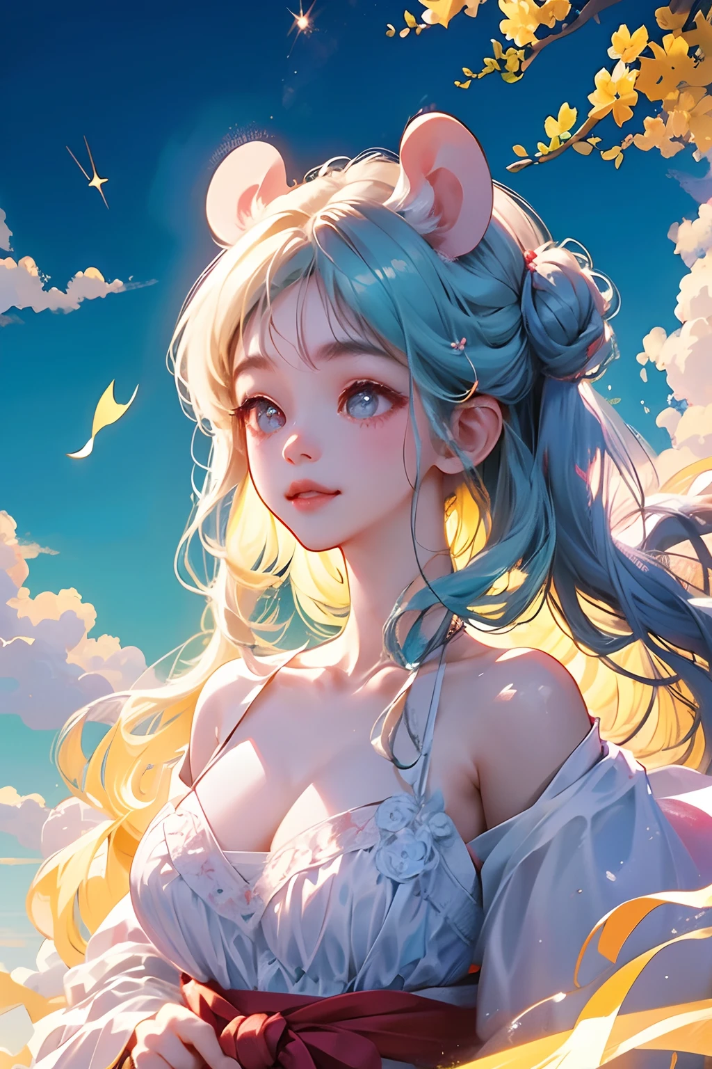 1 girl with mouse ears，tmasterpiece， high high quality， cinematic Film still from， one-girl， floating in sky， Cloud Girl， Clouds， （closeup cleavage： 1.1）， brightly， cheerfulness， intriguing， gentlesoftlighting， （bauhause， shape， lineworks， abstracted： 1.1）