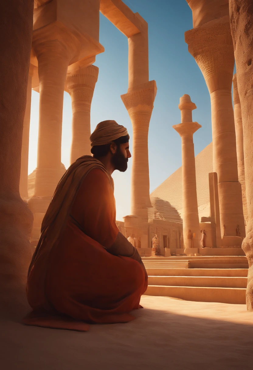 Anime ultra realista qauality,Detalles ultra realistas,8k,sol,egipto,Realizar namaz,muchacho.backgroud grande