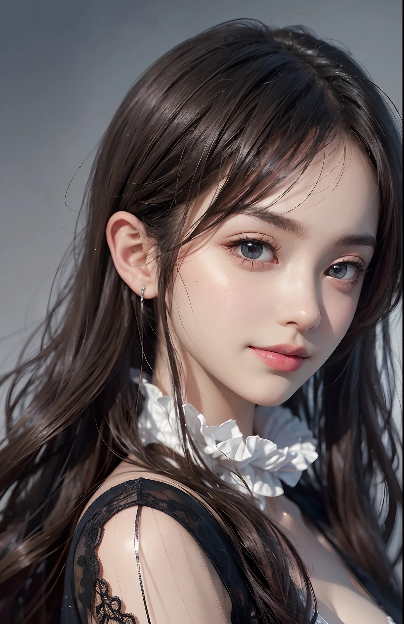 (Ultra Realistic), (Illustration), (Increased Resolution), (8K), (Extremely Detailed), (Best Illustration), (Beautiful and Detailed Eyes), (Best Quality), (Ultra Detailed), (Masterpiece ), ( wallpaper), (detailed face), solo, 1 girl, looking at viewer, fine details, detailed face, in the dark, deep shadows, low key, pureerosfaceace_v1, smiling, long hair, black shawl straight hair , 46 points oblique bangs