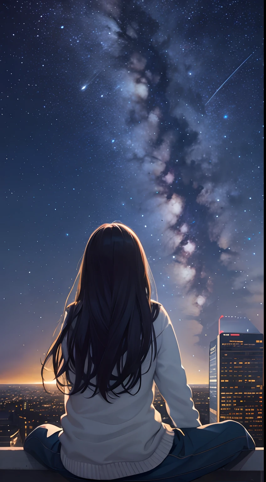 sky, star, landscape, starry sky, night, girl, night sky, solo, outdoor, signature, building, clouds, milky way, sitting, tree, long hair, city, silhouette, cityscape