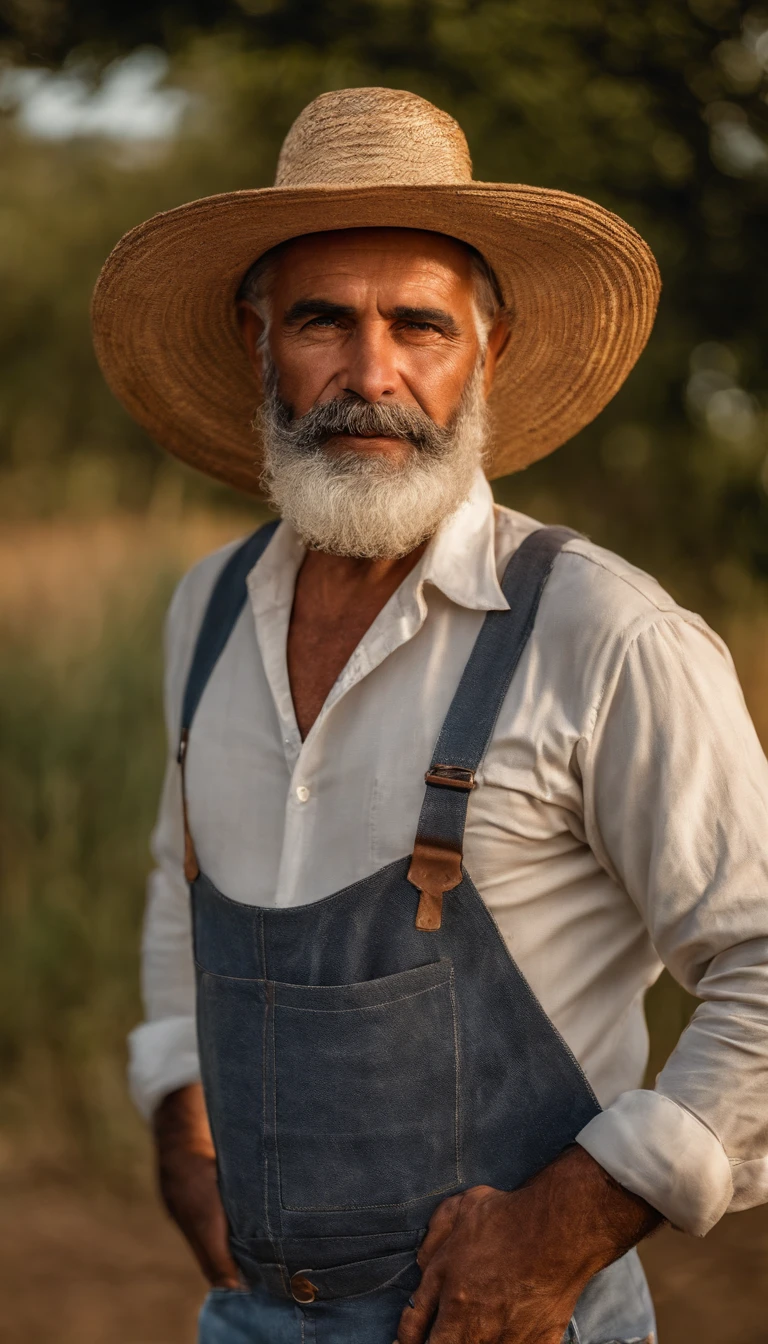 senior bearded farmer with straw hat standing crossed arms in field with sun behind him Natural volumetric lighting and better shadows, profundidade de campo profunda, foco clear, Portrait of man 35 years incredibly beautiful muscles, corpo inteiro, belo rosto viril, barba, atraente com olhos claros, sorriso sedutor, cabelo cinza curto desgrenhado, camisa branca apertada, jeans, (messy painted body: 1.05), (fundo de rua com lojas: 1.15), hospital, (arms down 1.2), bandaged broken arm, pitoresco, Overexposure, fotorrealismo, fotorrealista, nsfw, sexy,, clear, focado, centrado, sensual, HD, 8k, DSLR, RAW